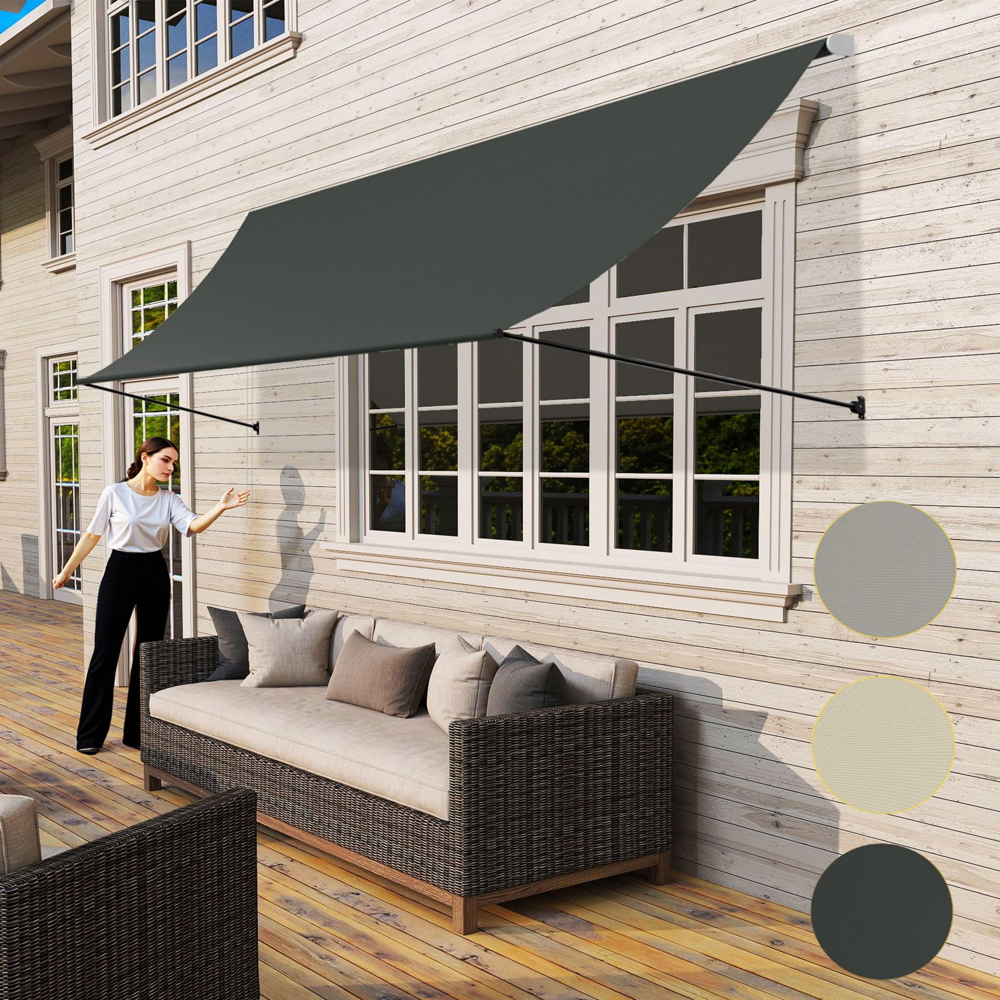 UISEBRT Store de fenêtre rétractable 300 x 145 cm, store de balcon avec cordon et barre de support en aluminium, protection UV, résistant aux intempéries, pour fenêtre, terrasse, balcon, anthracite