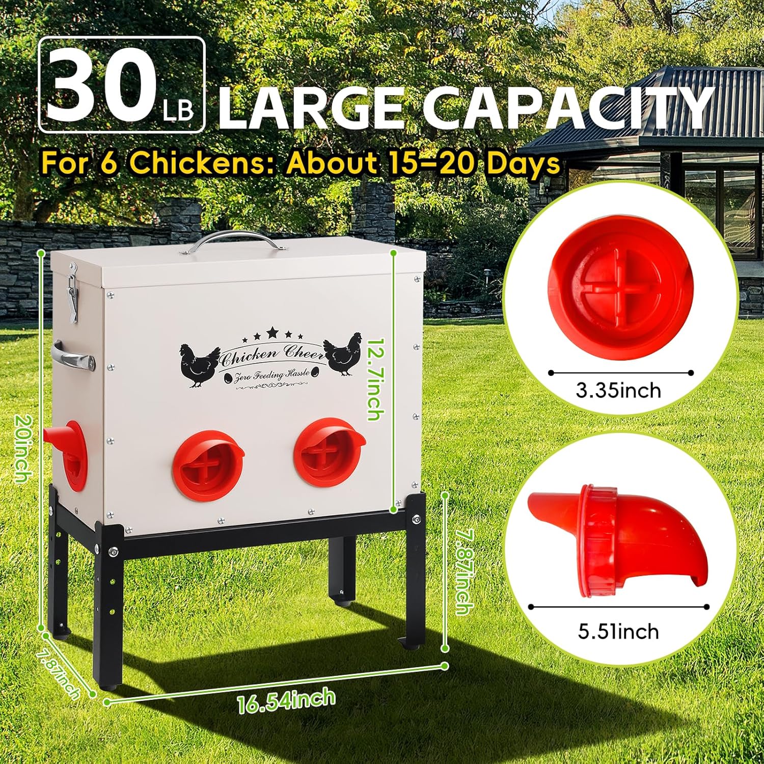 DRQ 30 LB Automatic Chicken Feeder, Metal Chick Feeder with 6 No-Waste Ports, Waterproof Poultry Feeder with Adjustable Legs, Locking Lid & Riveted Handles for Outdoor Chicken Coops