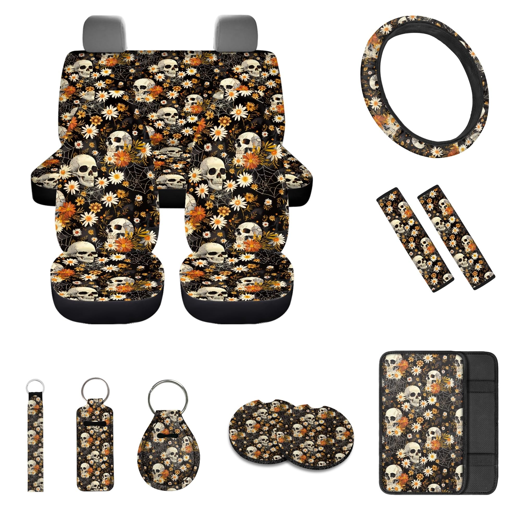 Quelytytrip Skull Hippie Floral Print Car Seat Covers Full Set with Steering Wheel Cover Seatbelt Pads Armrest Pads Coaster Keychain,Retro Goth Skull