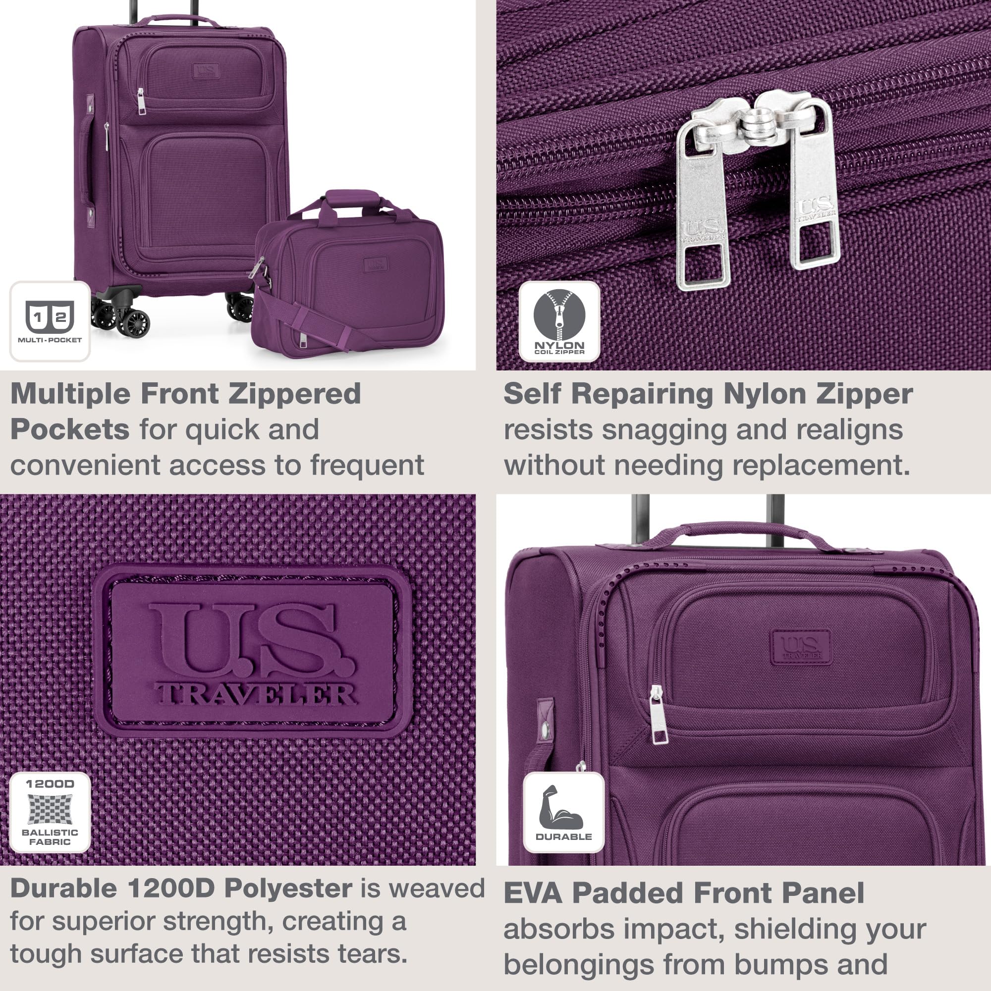 U.S. Traveler Rugged Fabric Expandable Carry-on Luggage Set, Purple, 4 Wheel