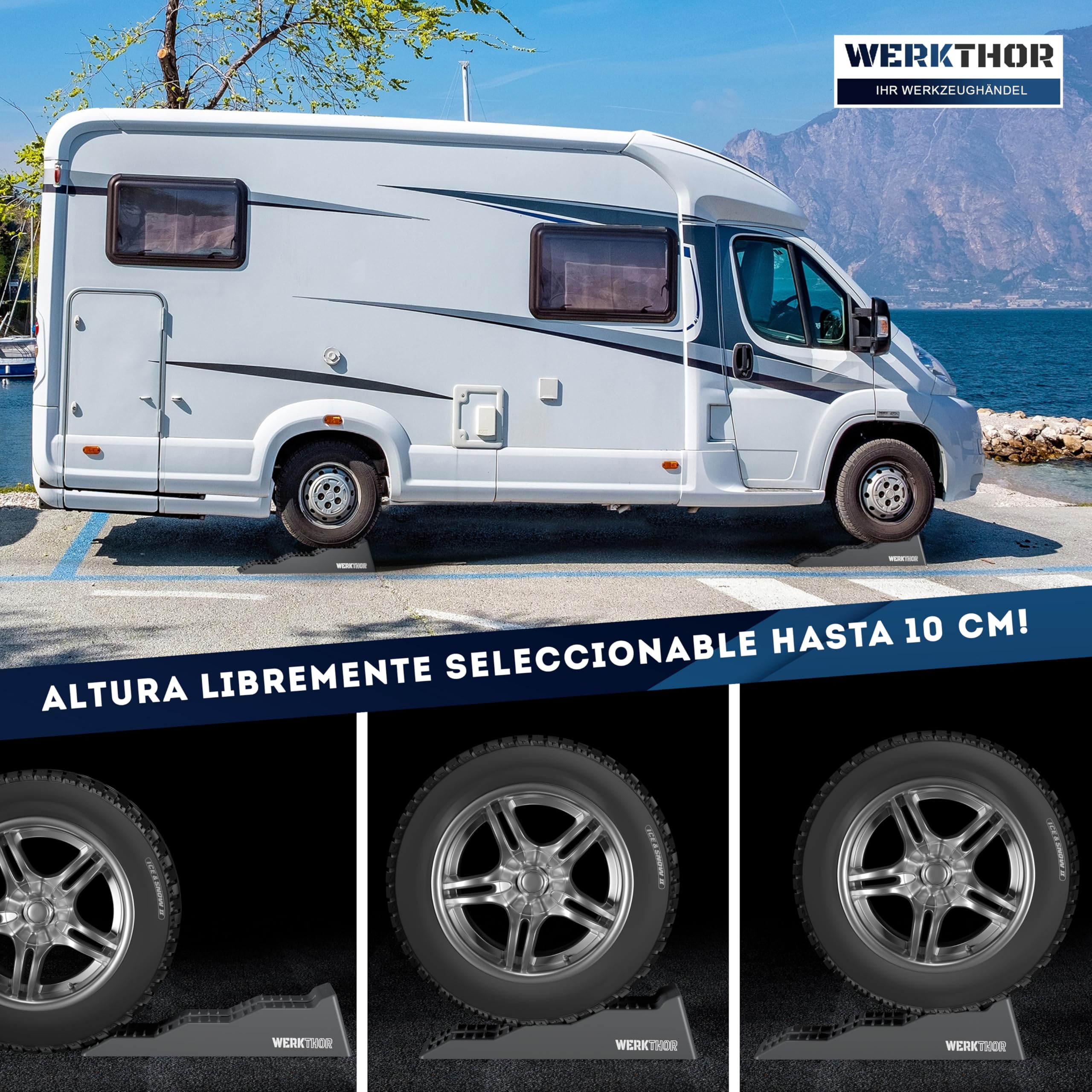 Cuñas para autocaravanas WERKTHOR (grises) - [Juego de 2] Cuñas estables para caravanas y autocaravanas | Cuñas para una nivelación segura [<5t] - Para cualquier superficie - Bolsa incluida