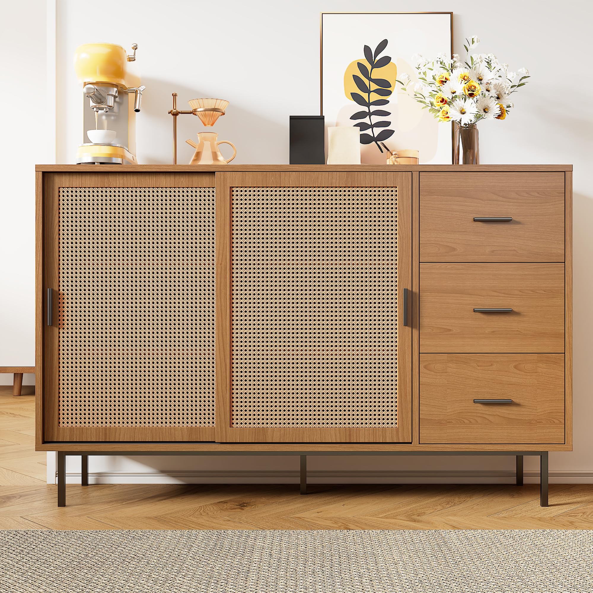 Aparador natural de ratán de 140 cm armario de almacenamiento buffet 1