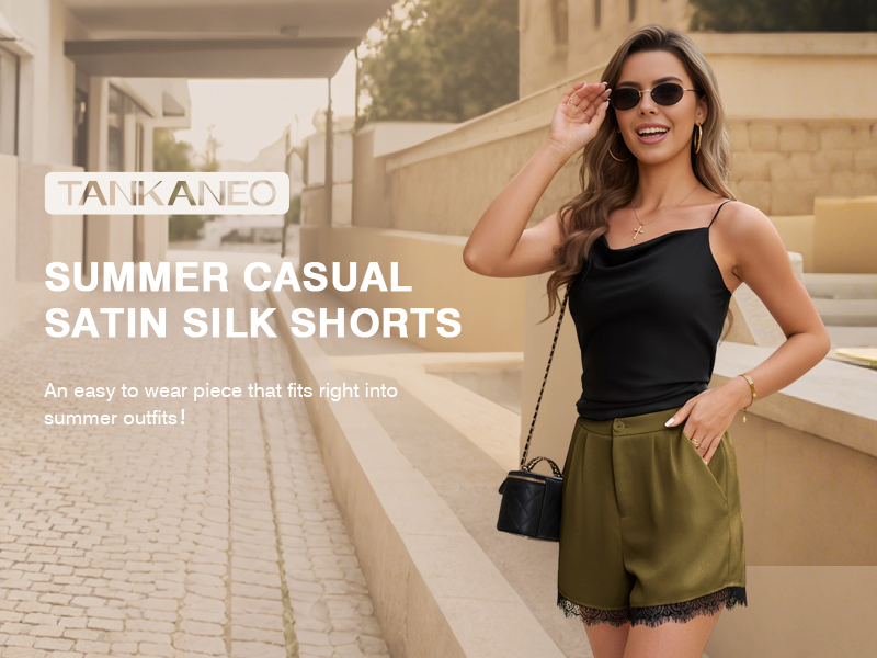 Tankaneo Womens Satin Silk Shorts Summer Casual High Waist Lace