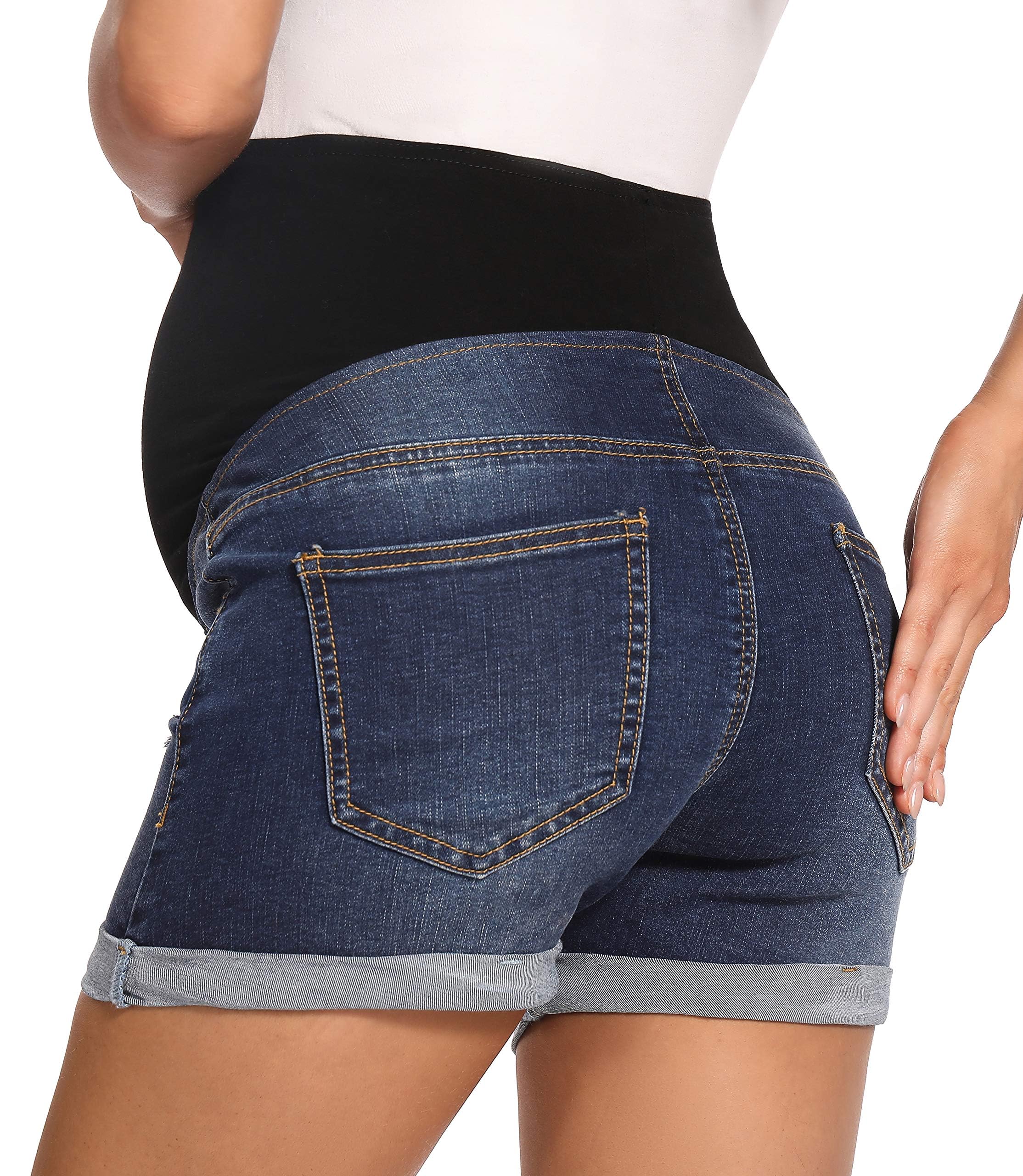 Short en Jean de Maternité Short de Grossesse Shorts Court pour Taille Haute Ourlet Revers L'été Shorts de Grossesse