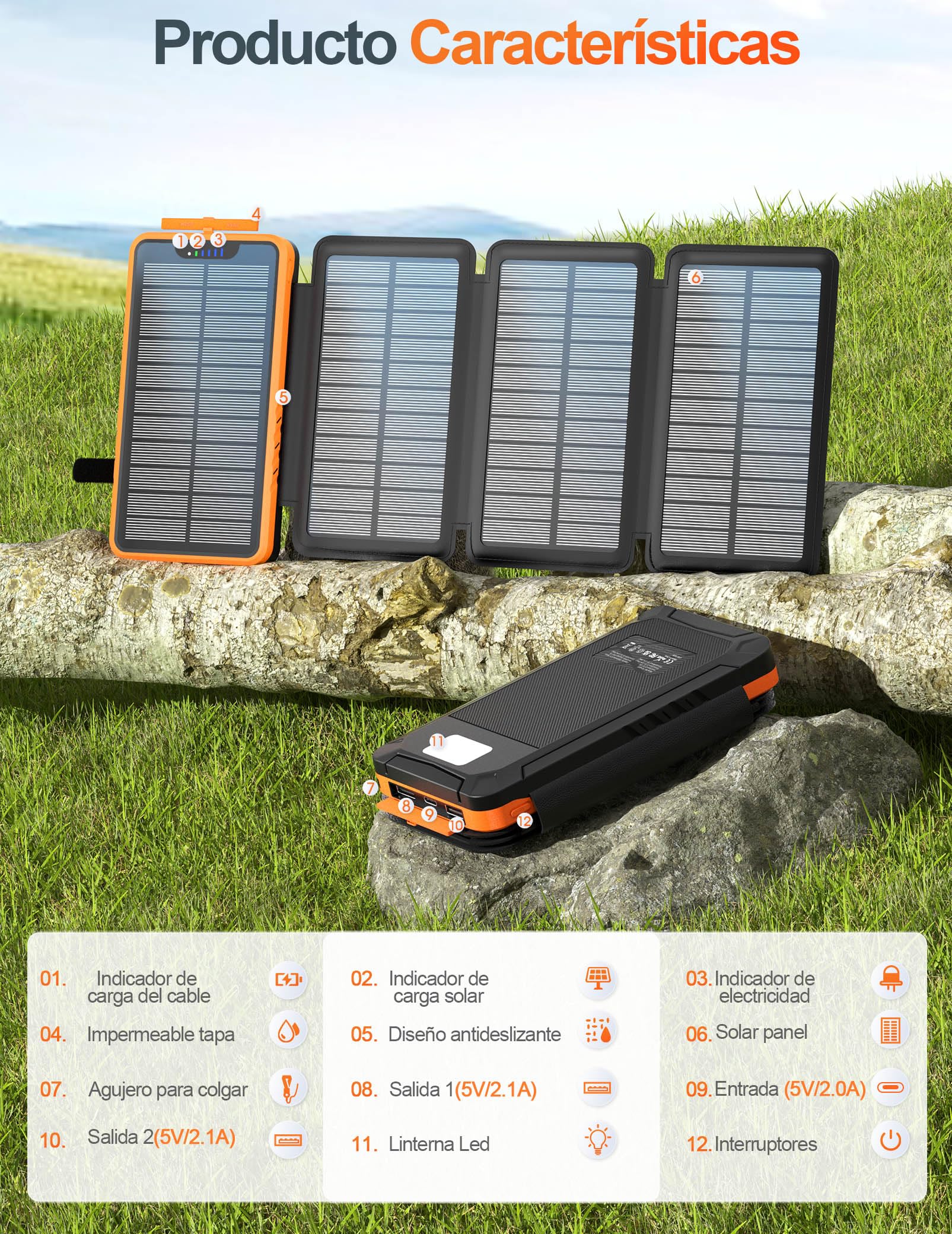 elzle Solar Powerbank 26800mAh, Cargador Solar con 2 Salidas USB-A y 1 Entrada USB-C, batería Externa Resistente al Agua con 4 Paneles solares y Linterna para Smartphones, tabletas, Camping
