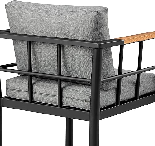 Miniatura 8 de Armen Living Wiglaf - Taburete de bar moderno para patio al aire libre en metal de aluminio y madera de teca con cojines grises, altura del asiento