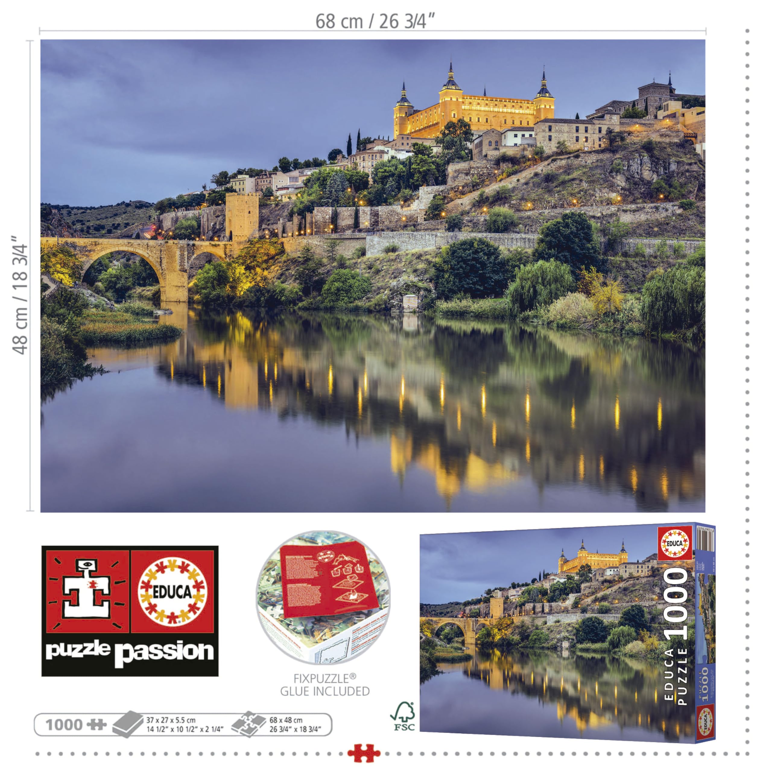 Educa - Toledo | Puzzle 1000 sztuk. Przybliżony pomiar raz zamontowany: 68 x 48 cm. Zawiera kolejkę Fix Puzzle do zawieszenia po zakończeniu montażu. A Od 14 lat (19615)