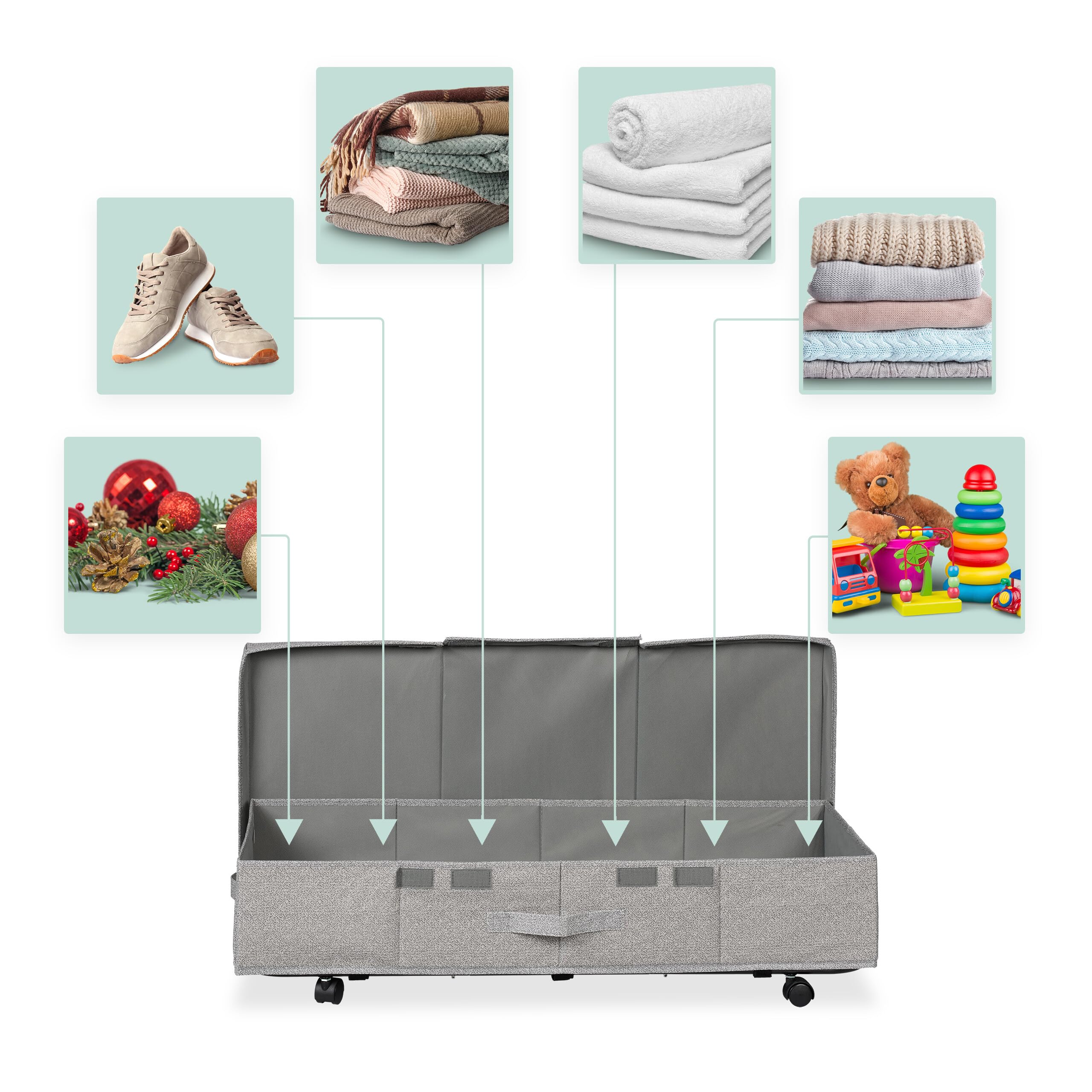 Relaxdays Cajas de Almacenaje Bajo la Cama, Pack de 2, 50 litros, con Ruedas, 20 x 80 x 40 cm, Plegables, con Tapa, Gris