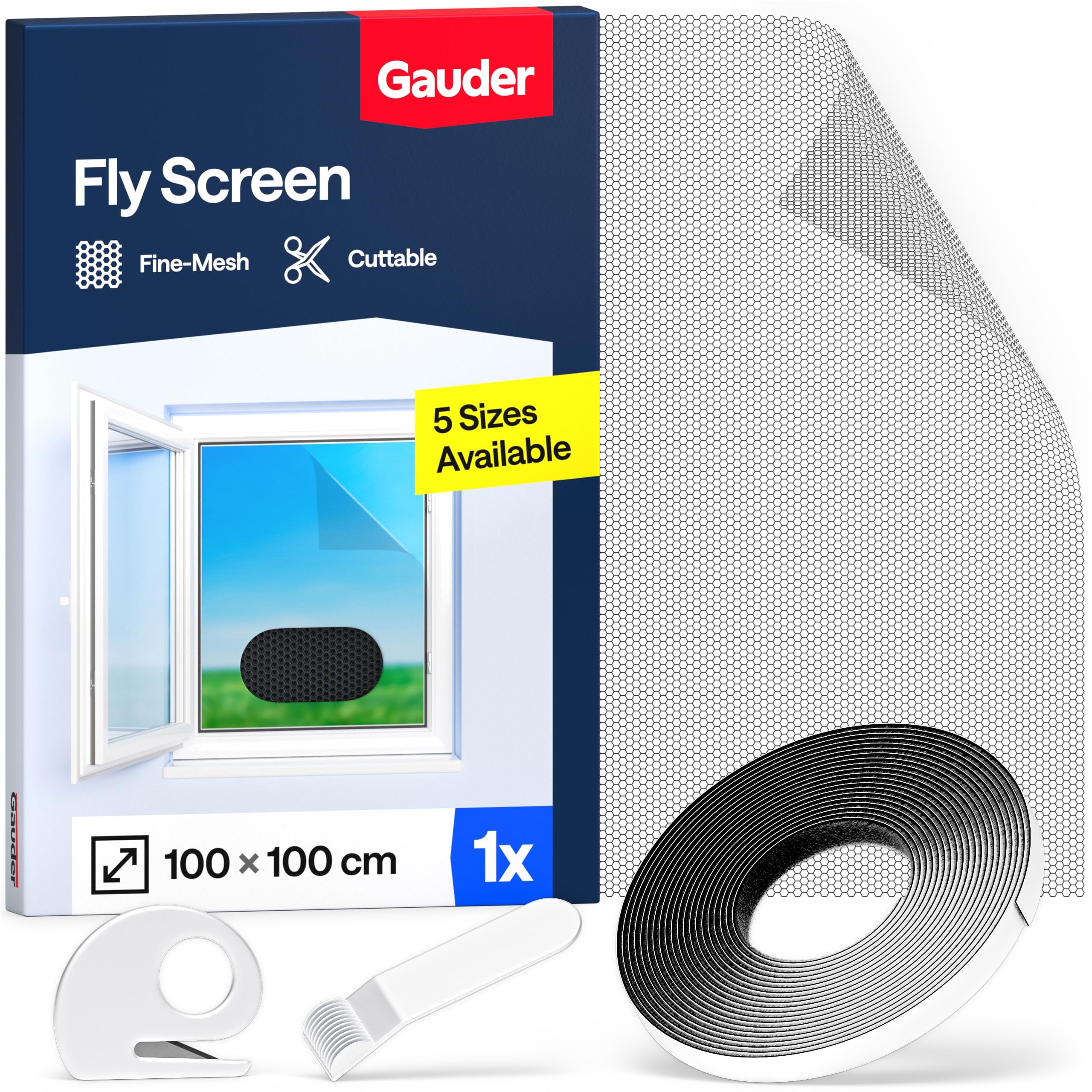 GAUDER Fly Screen for Windows - Self-Adhesive Insect Screen for Windows - Mosquito Net - Cut-to-Size Fine Mesh Window Bug Net (100 x 100 cm - Black)