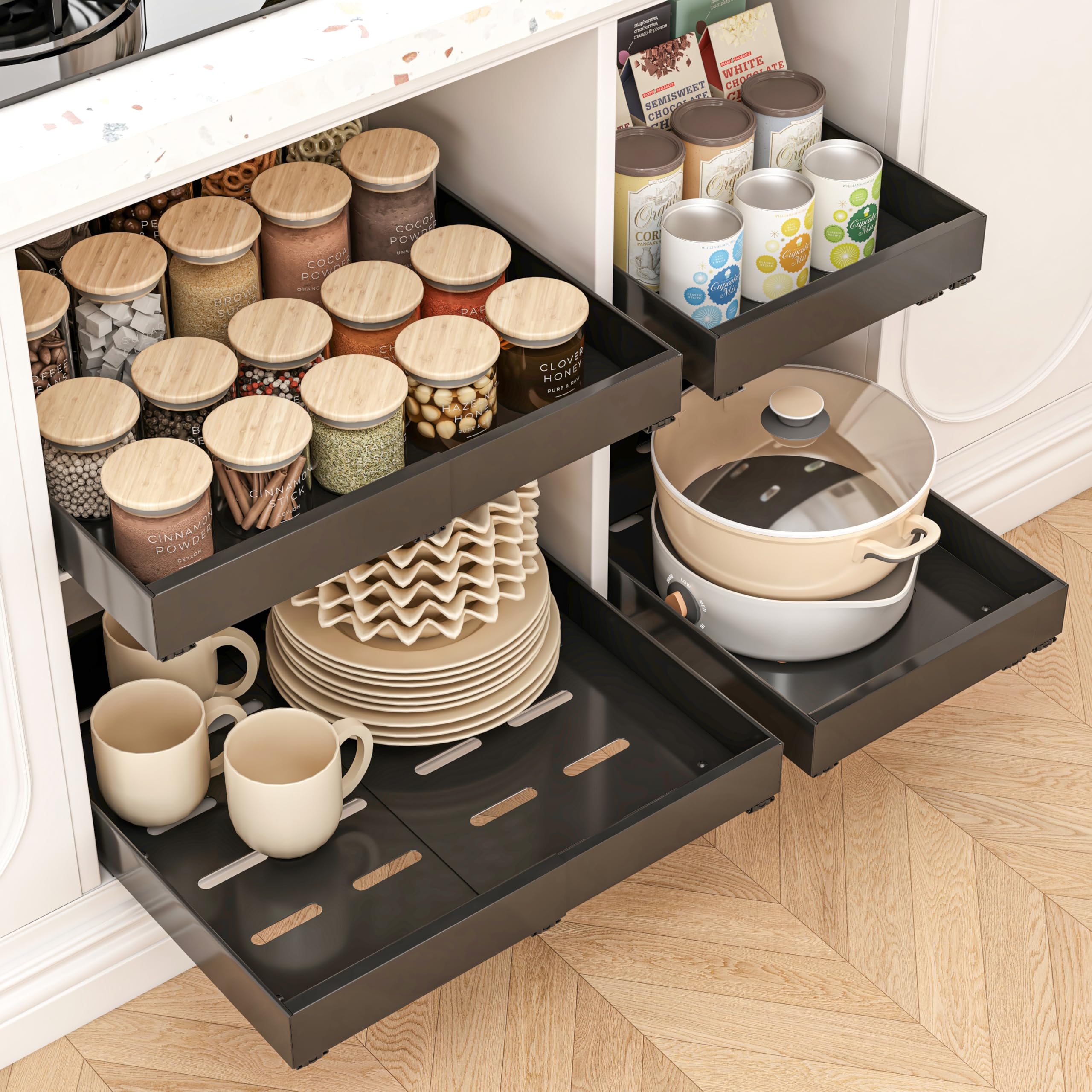THMINS 4 Pack Pull Out Cabinet Organizer, 42cm Deep Expandable (32-52cm), Strong and Durable, Waterproof and Anti-Fouling, Pull Out Drawers for Cabinets Suitable for Kitchen Storage (Black)