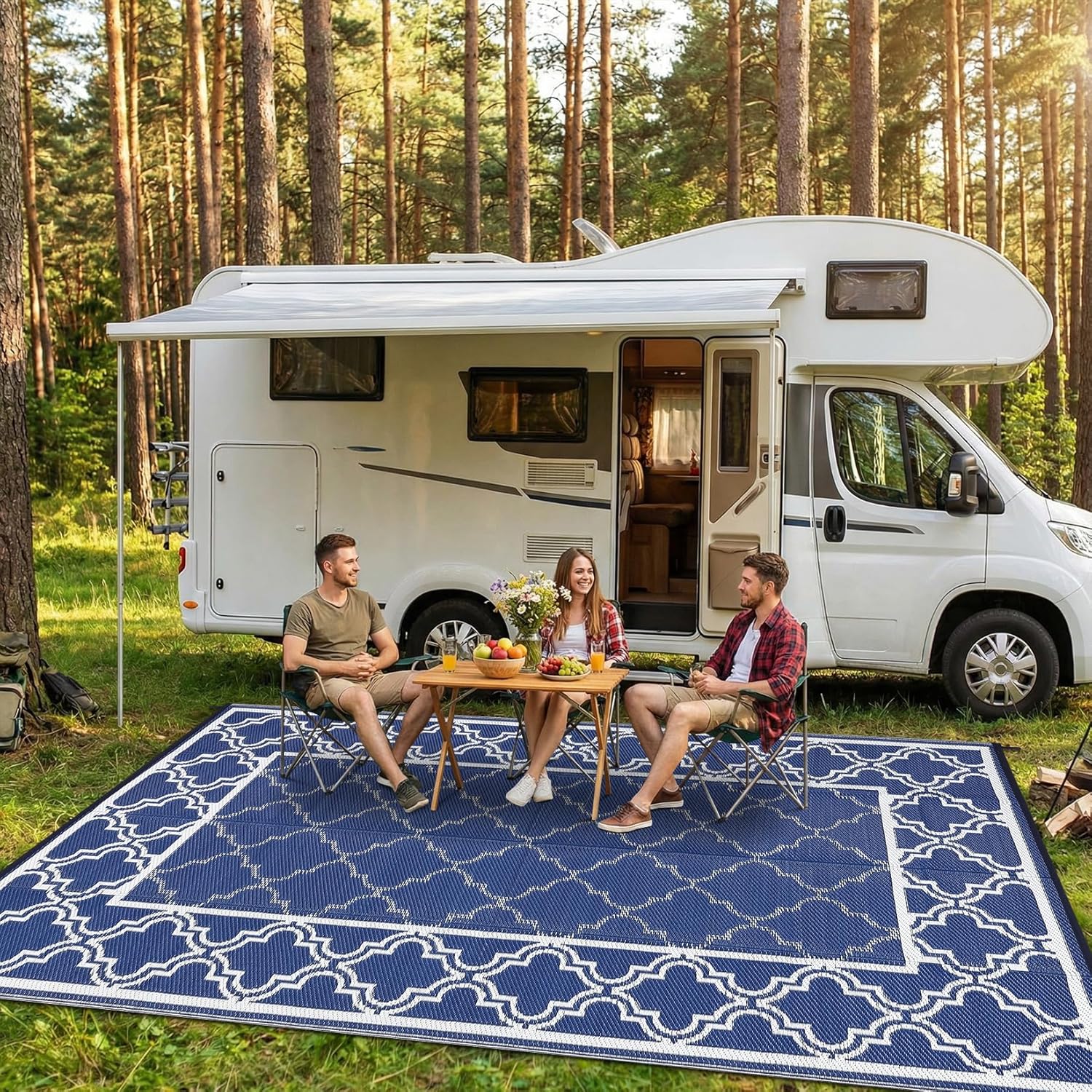 Garvee Reversible Outdoor Rug 5x8, Waterproof Outdoor Plastic Straw Rug with Interlacing Pattern, RV Mat for Picnics, Patio, Camping, Balcony, Deck, Backyard, Porch, Blue