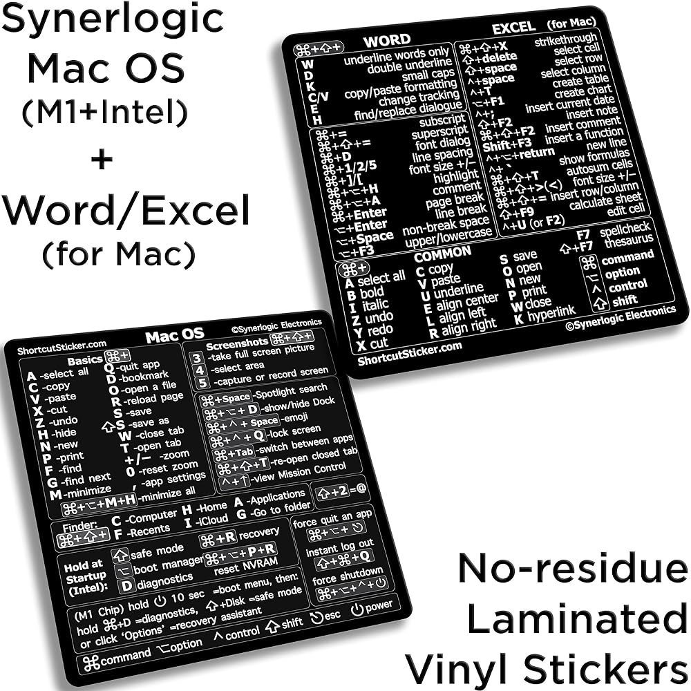 Synerlogic Autocollant pour Mac Word & Excel Raccourcis | Référence Rapide Clavier | Pour MacBook Air/Pro/iMac/Mini