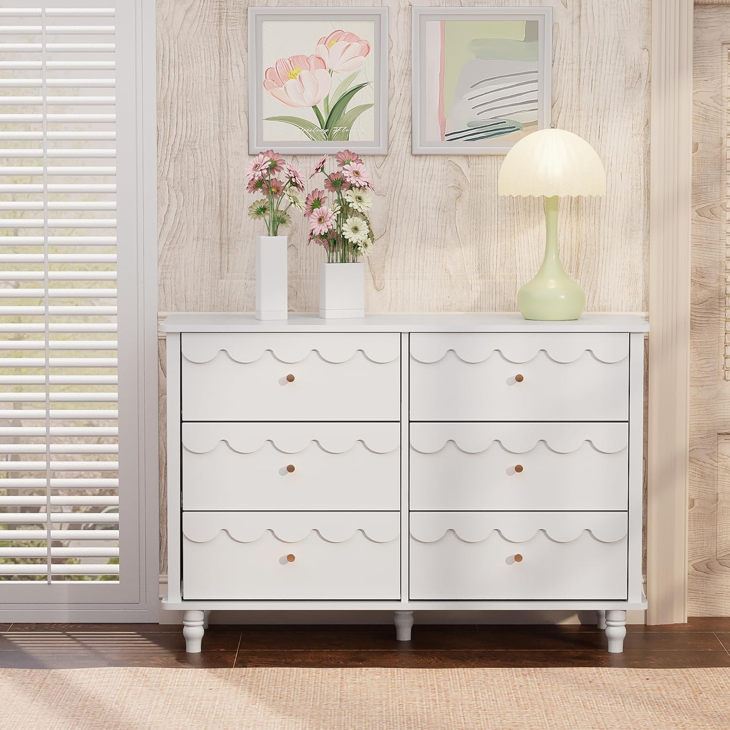 Anbuy Scalloped Dresser for Bedroom White 6 Drawer Dresser for Girls, Modern Wide Chest of Drawers, Organizer Storage with Drawers, Fluted Petal Pattern Large Storage Cabinet for Living Room, Porch