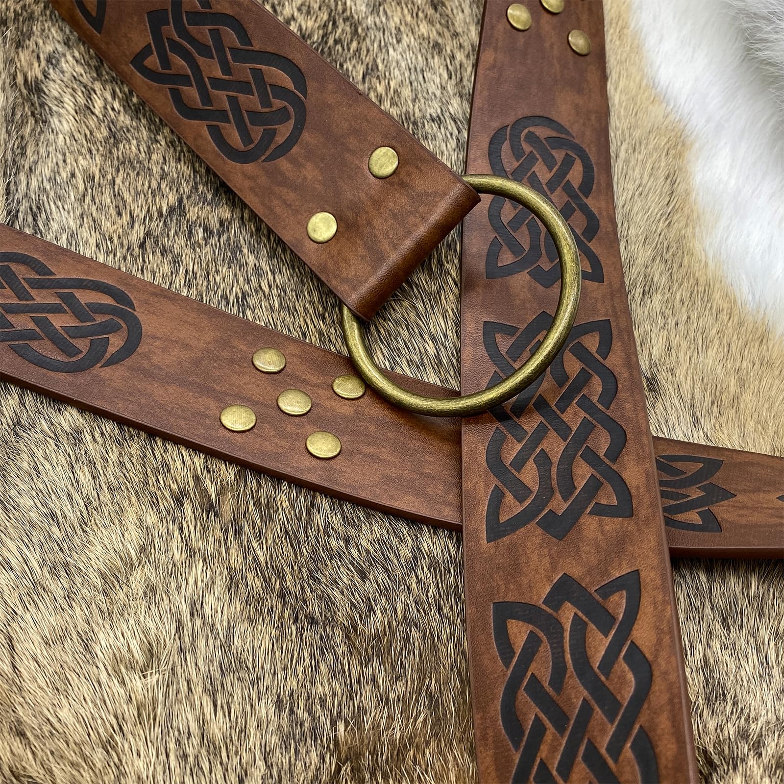 HiiFeuer Ceinture médiévale avec Anneau torique en Relief Nordique, Ceinture Vintage en Cuir synthétique et Poche latérale pour LARP