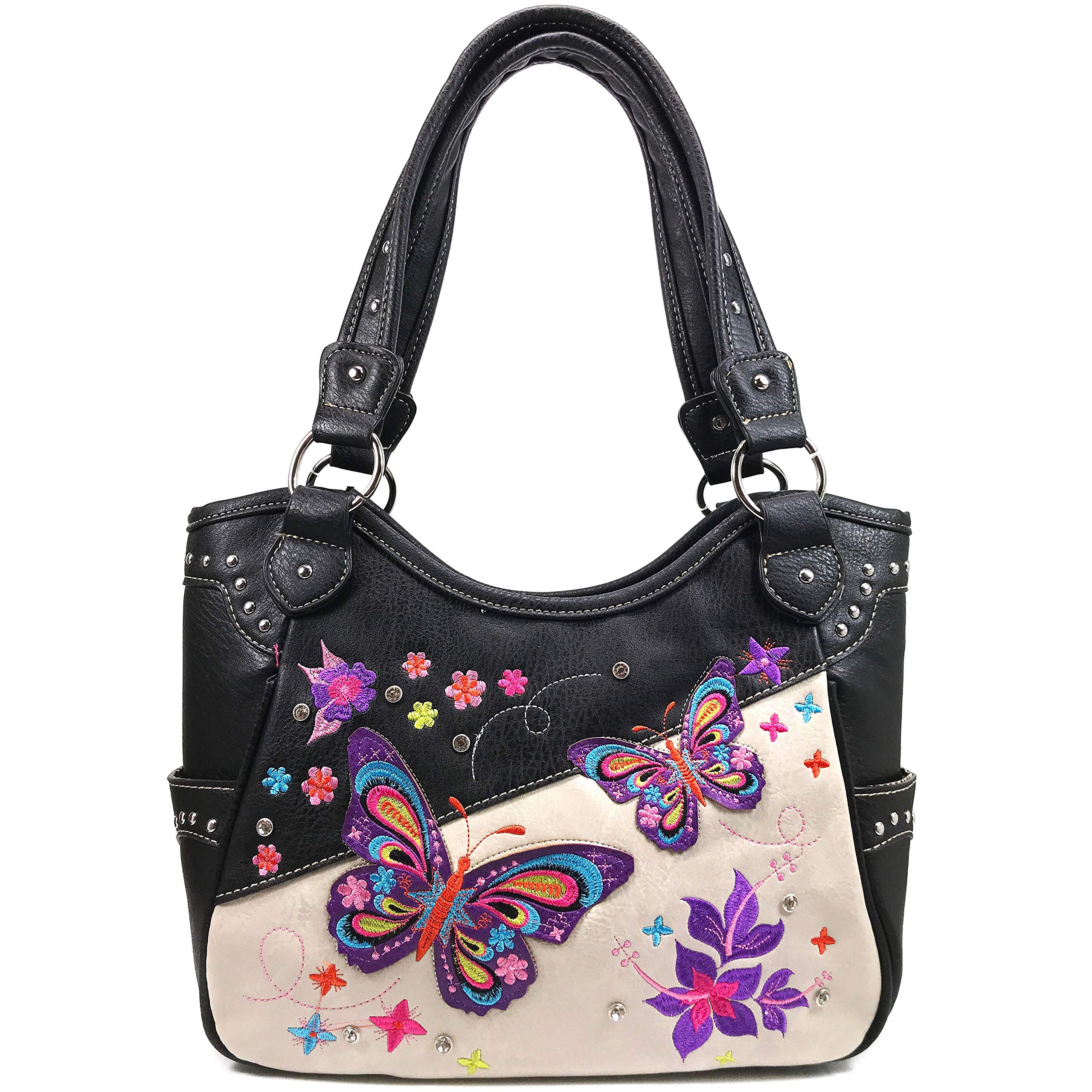Zelris Butterfly Flower Season Embroidery Conceal Carry Tote Handbag Purse Set (Black Beige)