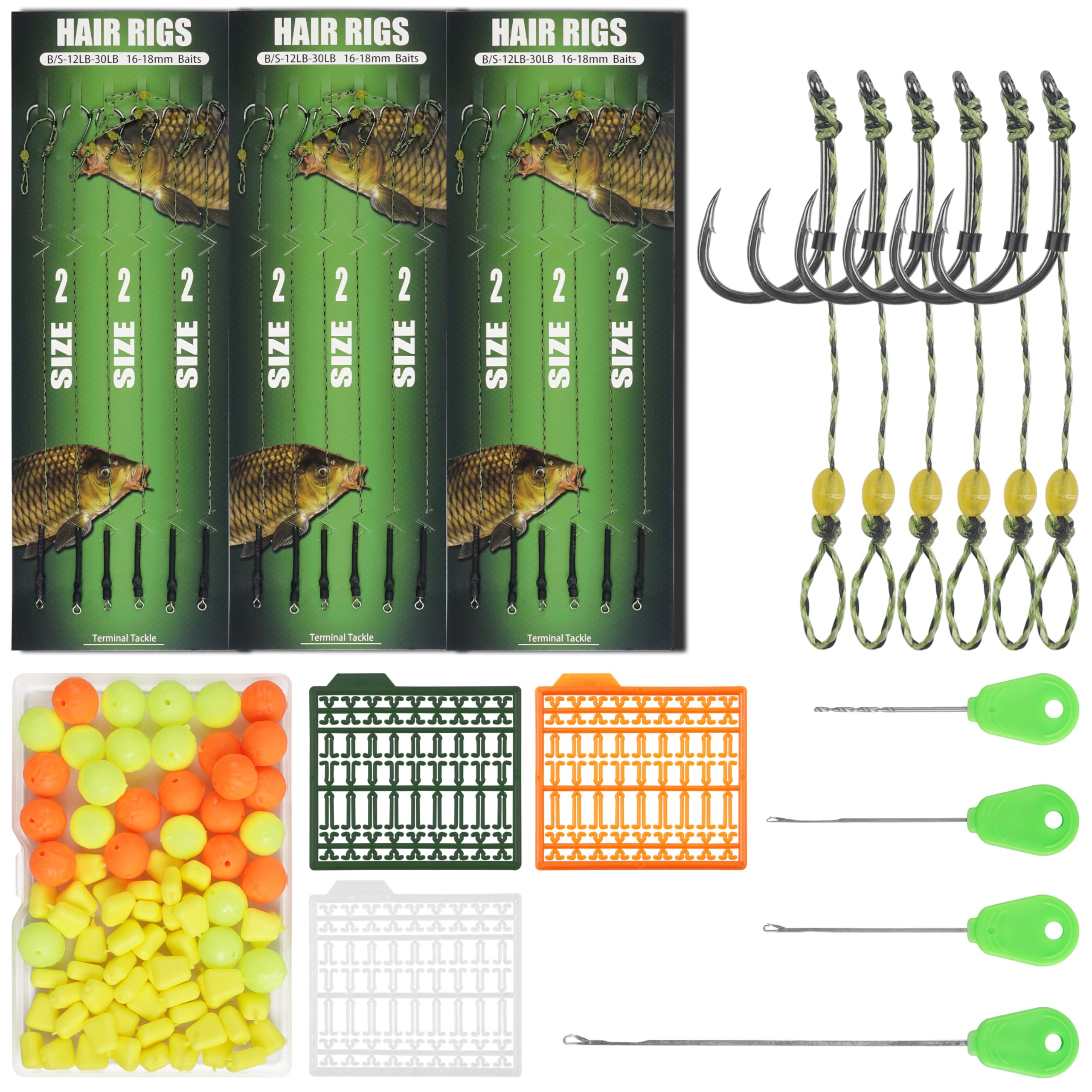 Carp Fishing Hair Rigs Kit, Curved Barbed Hook Swivel Braided Thread Line with Boilie Bait Stopper Stringer Needle Tool Accessories