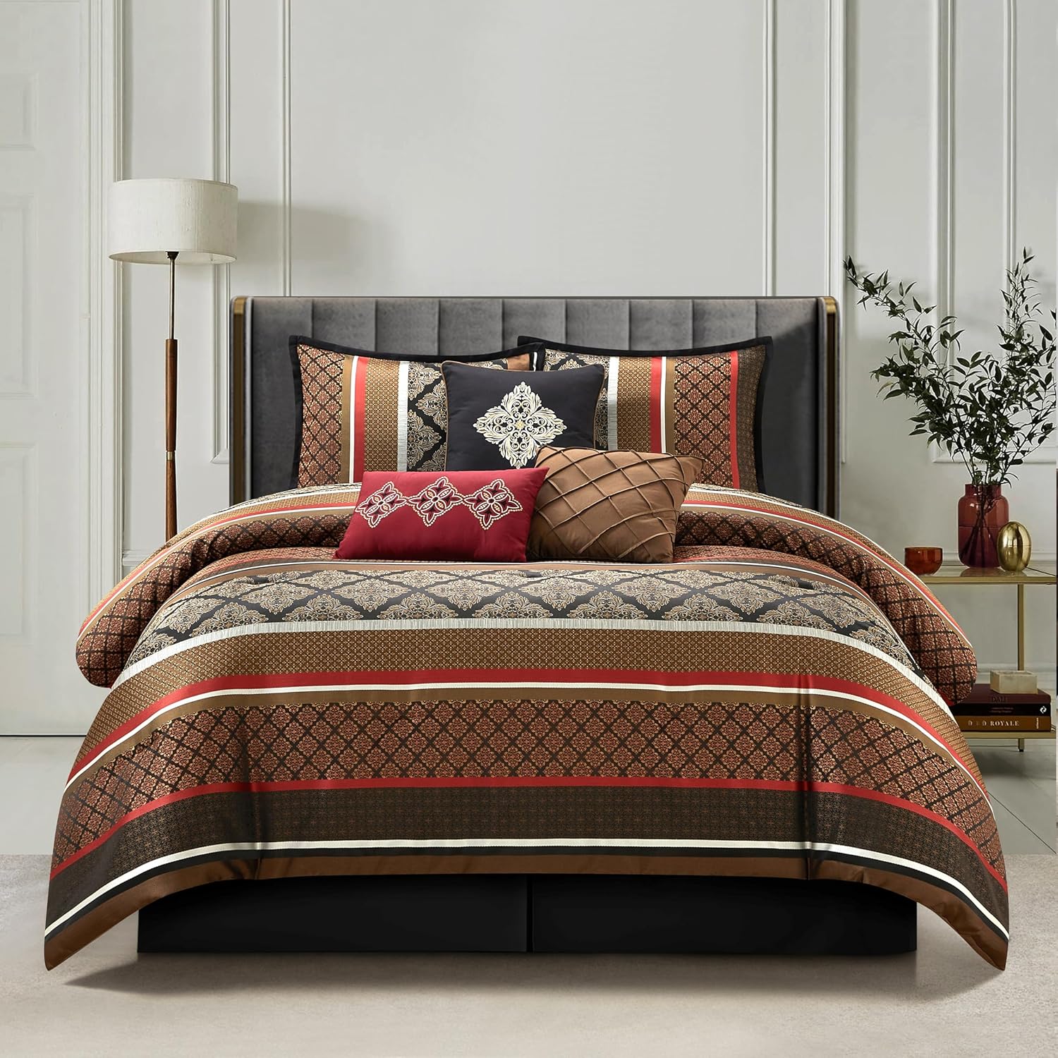 Stratford Park Jacquard 7 Piece Comforter Set, Black and Gold, California King Size, Geometric Bedding Set, Matching Shams, Bedskirt, Decorative Pillows