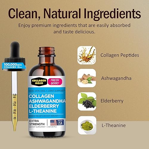 Miniatura 8 de Collagen Mojo Péptidos de colágeno líquido con seta de melena de león, saúco y L-teanina  Fórmula de alta potenciaabsorción. Cabello, piel, uñas +