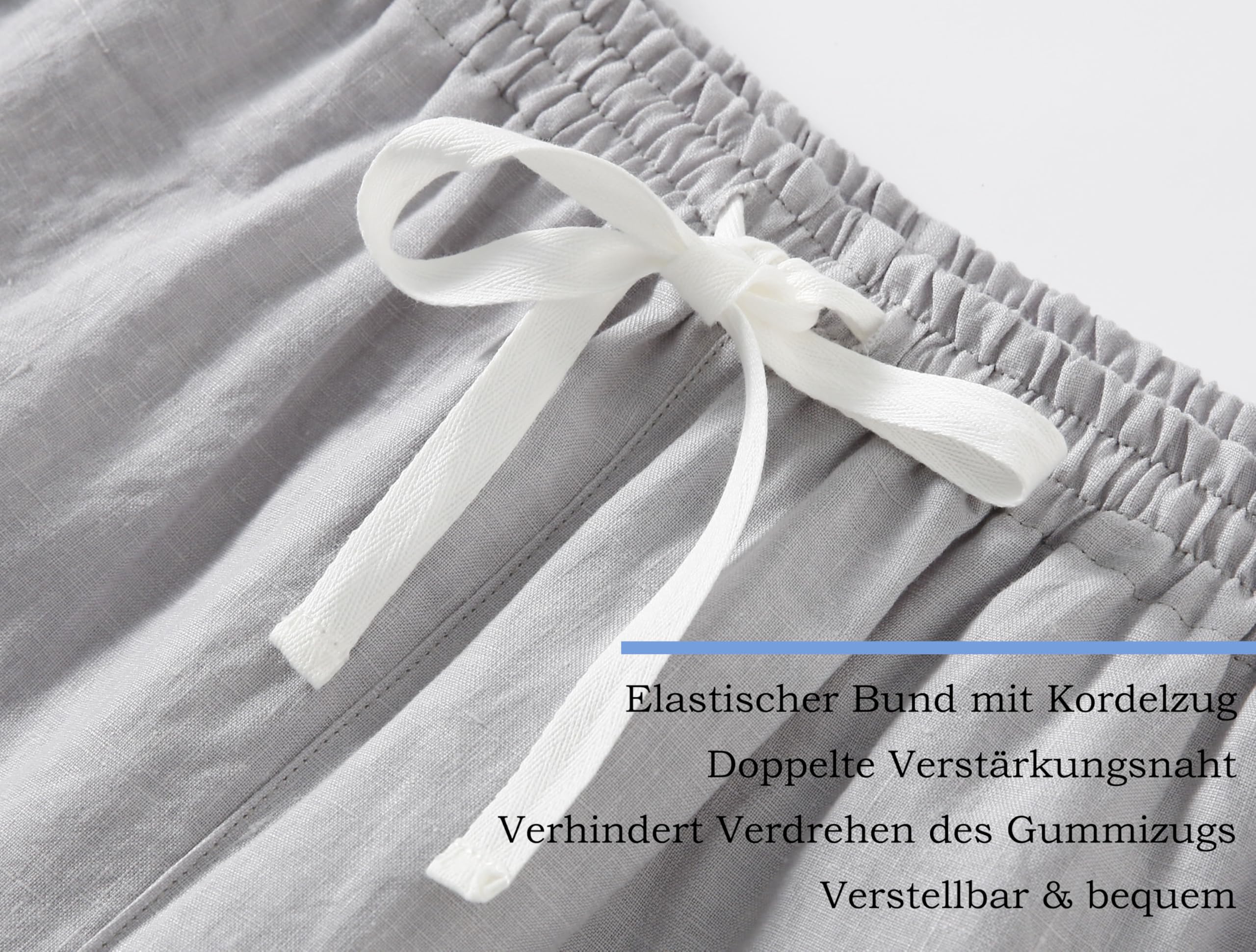 RAKUYUME Schlafanzug Damen 100% Leinen Pyjama mit Knöpfen Nachtwäsche Taschen und Kordelzug Nightwear Set V-Ausschnitt Shirt Sleepshirt für Frauen