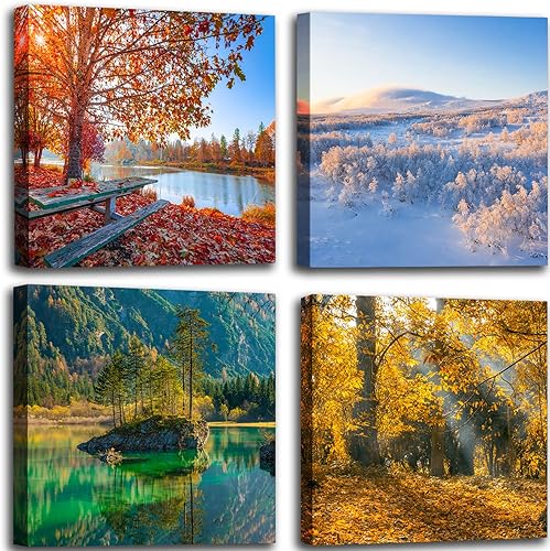 OKEXCKK Lienzo decorativo para pared, diseño de paisaje de las cuatro estaciones, primavera, verano, otoño, invierno, colorido, árbol, pintura