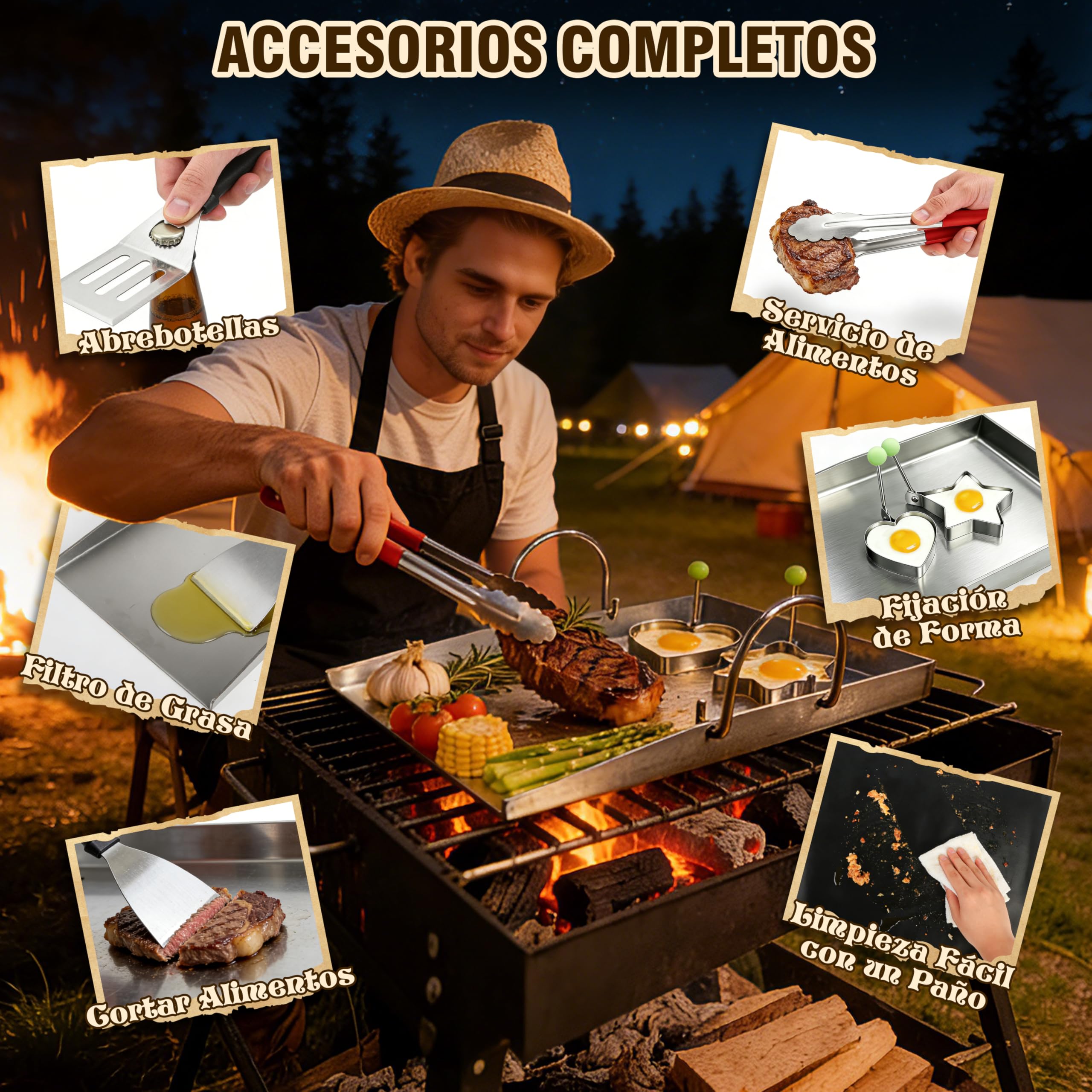 JONRRYIN Plancha de Acero Inoxidable 40 x 30 cm, Plancha Barbacoa con 2 Espátula, Mango Desmontable, Adecuado para Barbacoa de Gas y Barbacoa de Carbón (Tres aristas)
