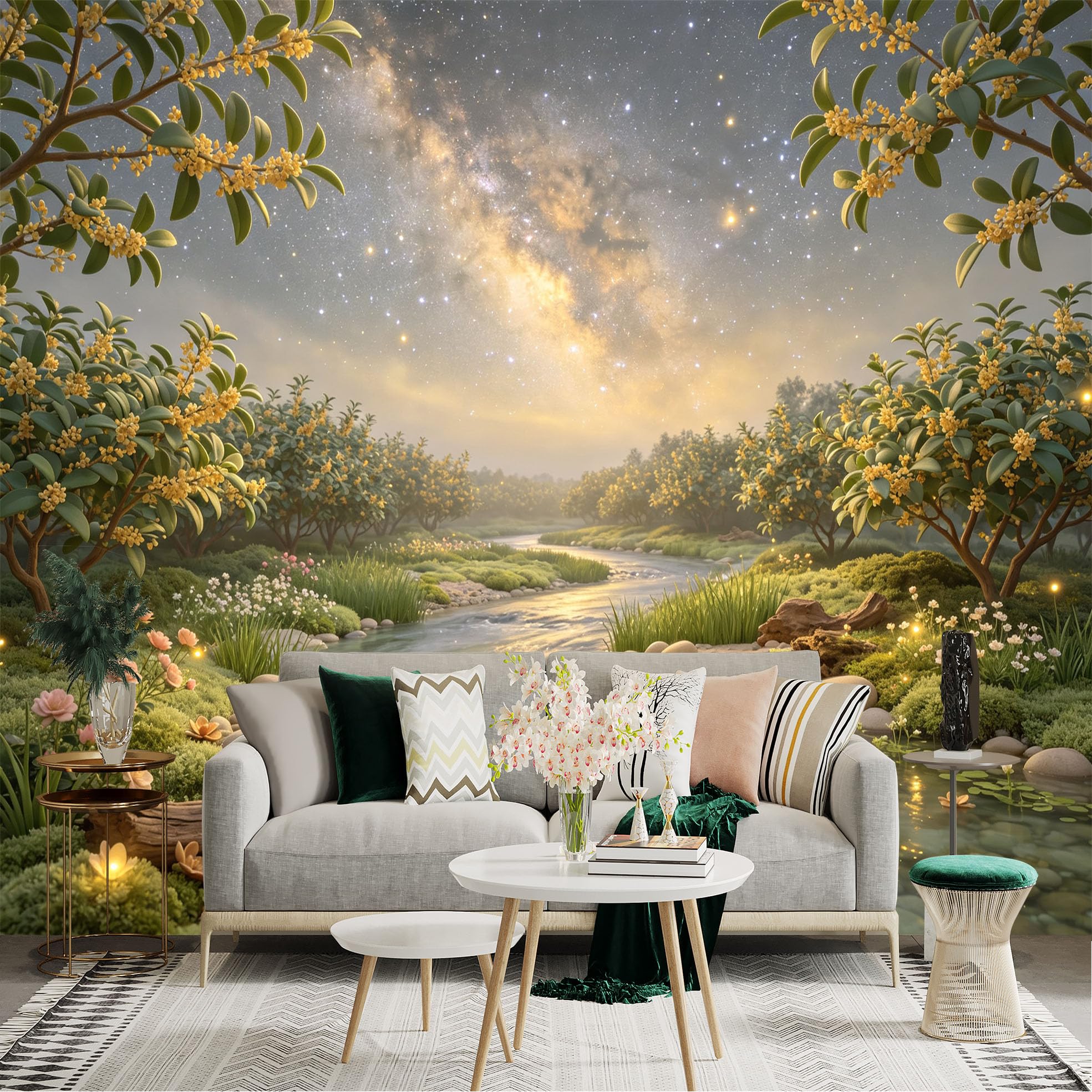 Lnzczhyre Bh260719133 Custom Size Wall Sticker Mural， Milky Way Over Flowing Stream， Blooming Garden With Yellow Flowers， For Wall Decoration， Peelandstick Wall Decals.