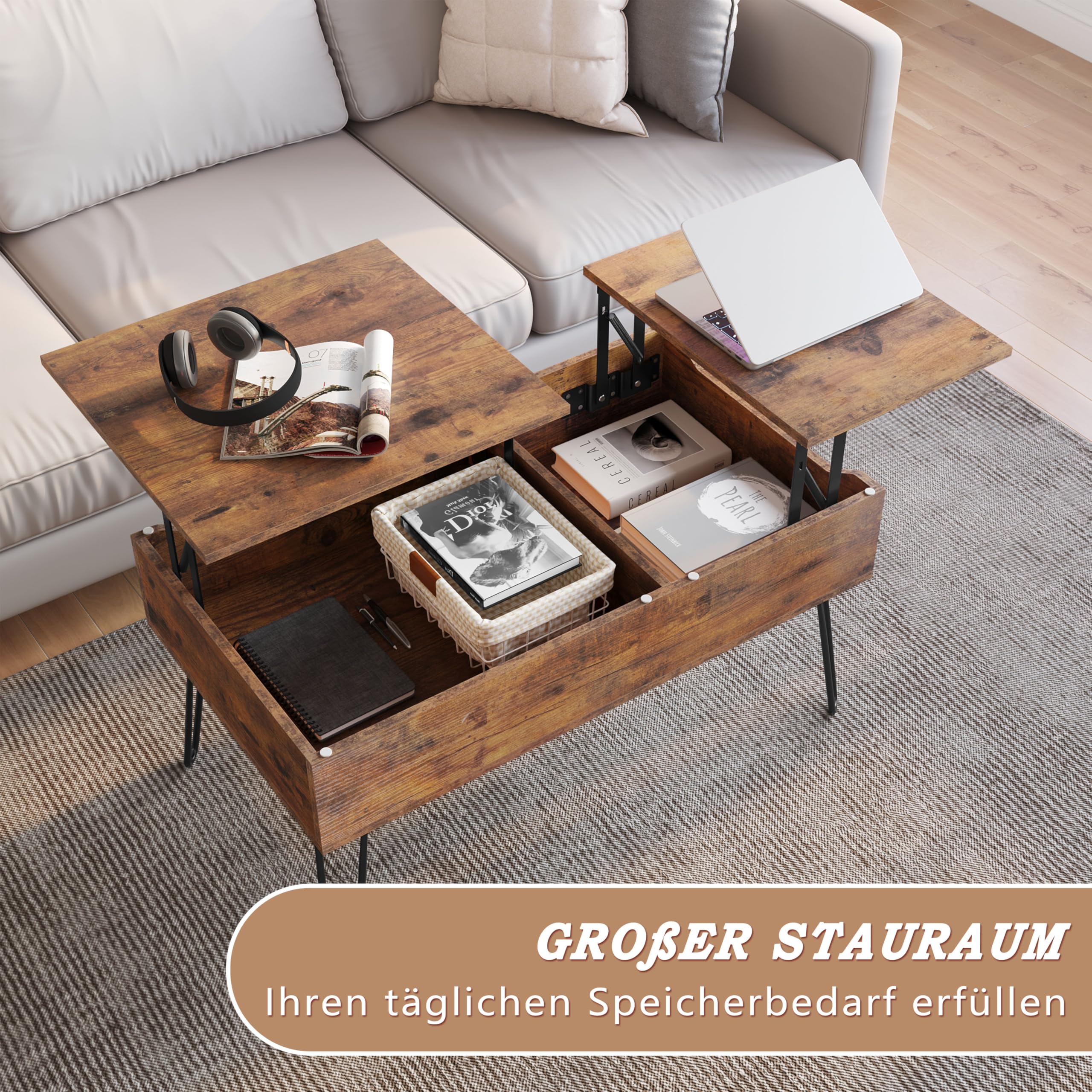 WOLTU Mesa de Centro Elevable y Extensible, Mesita Salón con Espacio Interno, Sofá Auxiliar con Patas Metálicas, Marrón Vintage, BTS14shm