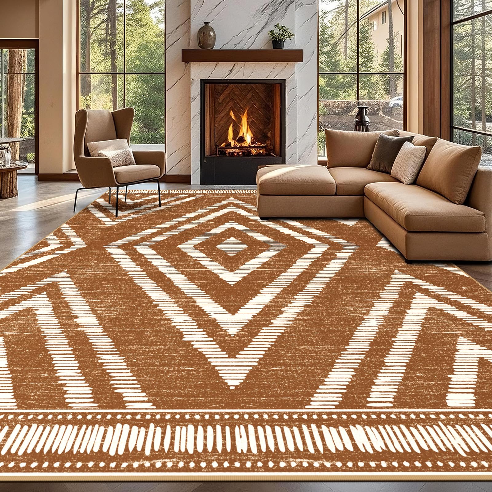 Photo 1 of Geanlod Boho Washable Area Rugs 9x12ft for Living Room, Large Soft Bedroom Rug Non Slip, Low Pile Brown Moroccan Floor Carpets for Dining Room Nursery Playroom Home Office