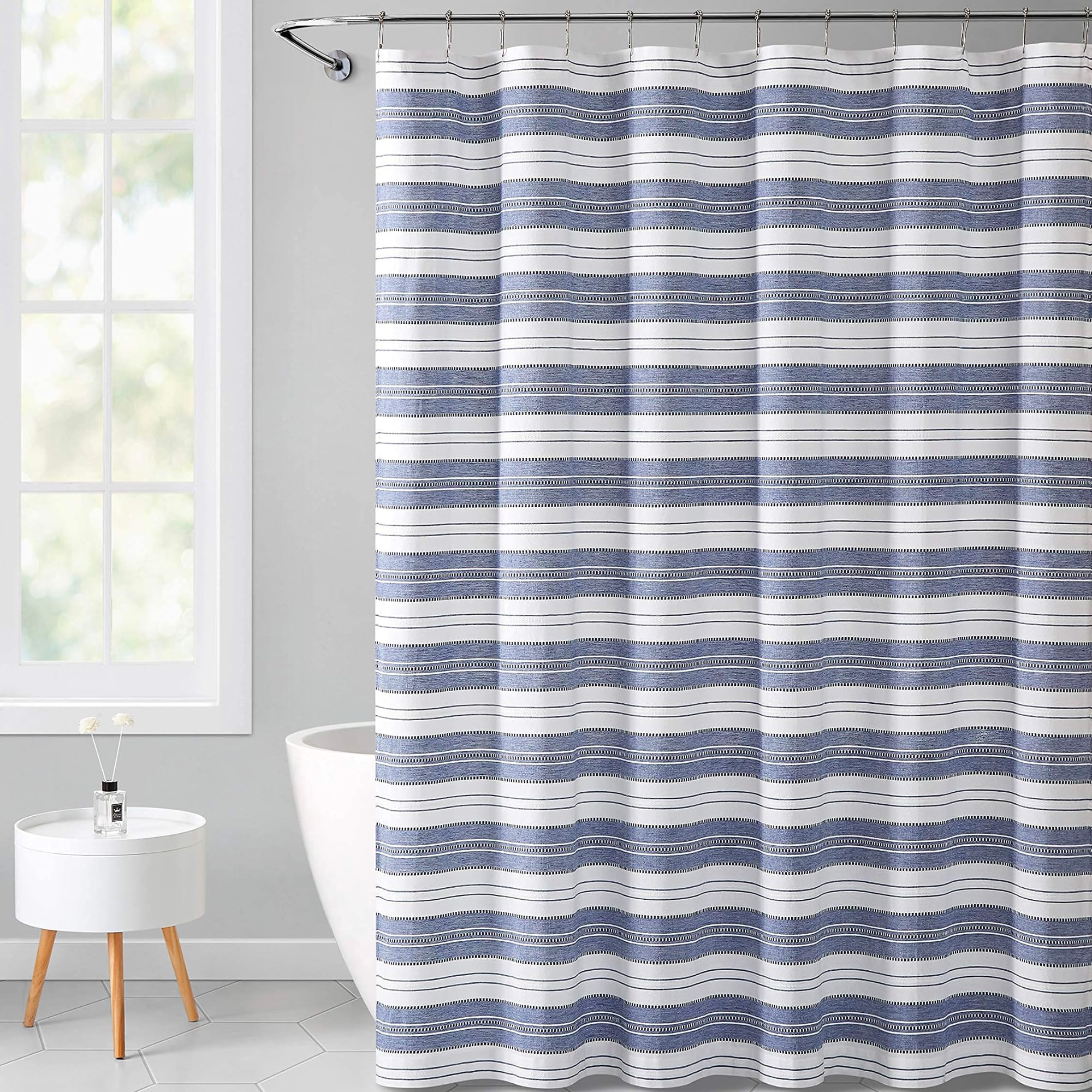 Serafina Home Nautical Striped Blue and White Fabric Shower Curtain: Chambray Cotton Luxury Hotel Detailed Eyelet Decorative Weave for Bathroom 72