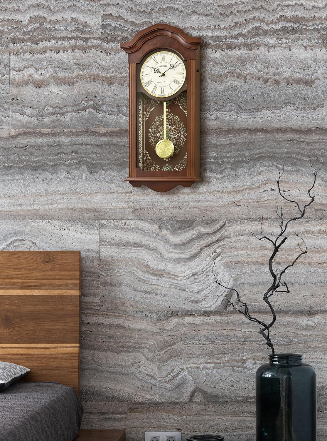 SEIKO QXM618BLH Tapestry Print 18 Melodies/Westminster Chime Pendulum Wall Clock, 23 x 11 Inches