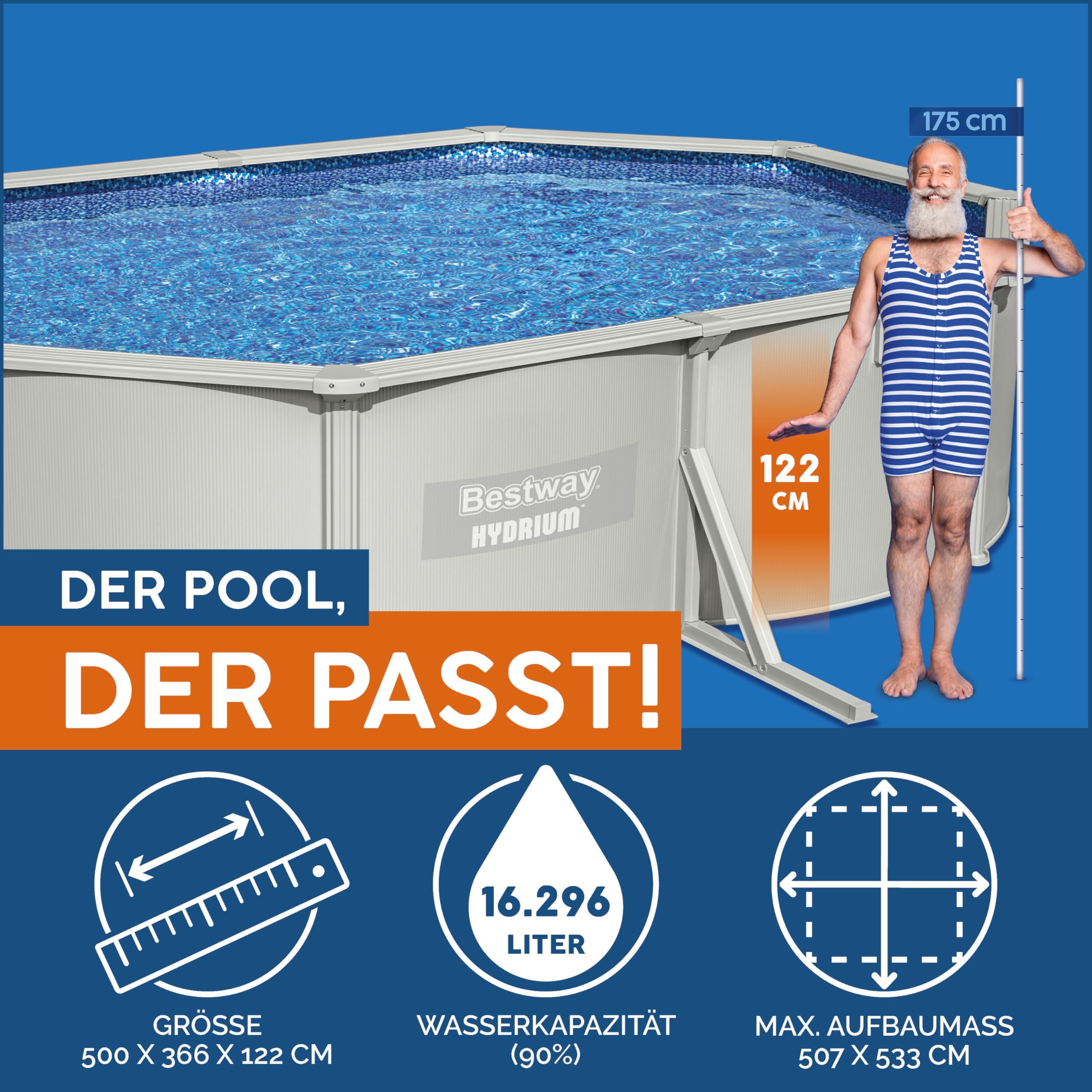 Bestway Hydrium Stahlwandpool Komplett-Set mit Sandfilteranlage 500 x 360 x 120 cm, grau, rund