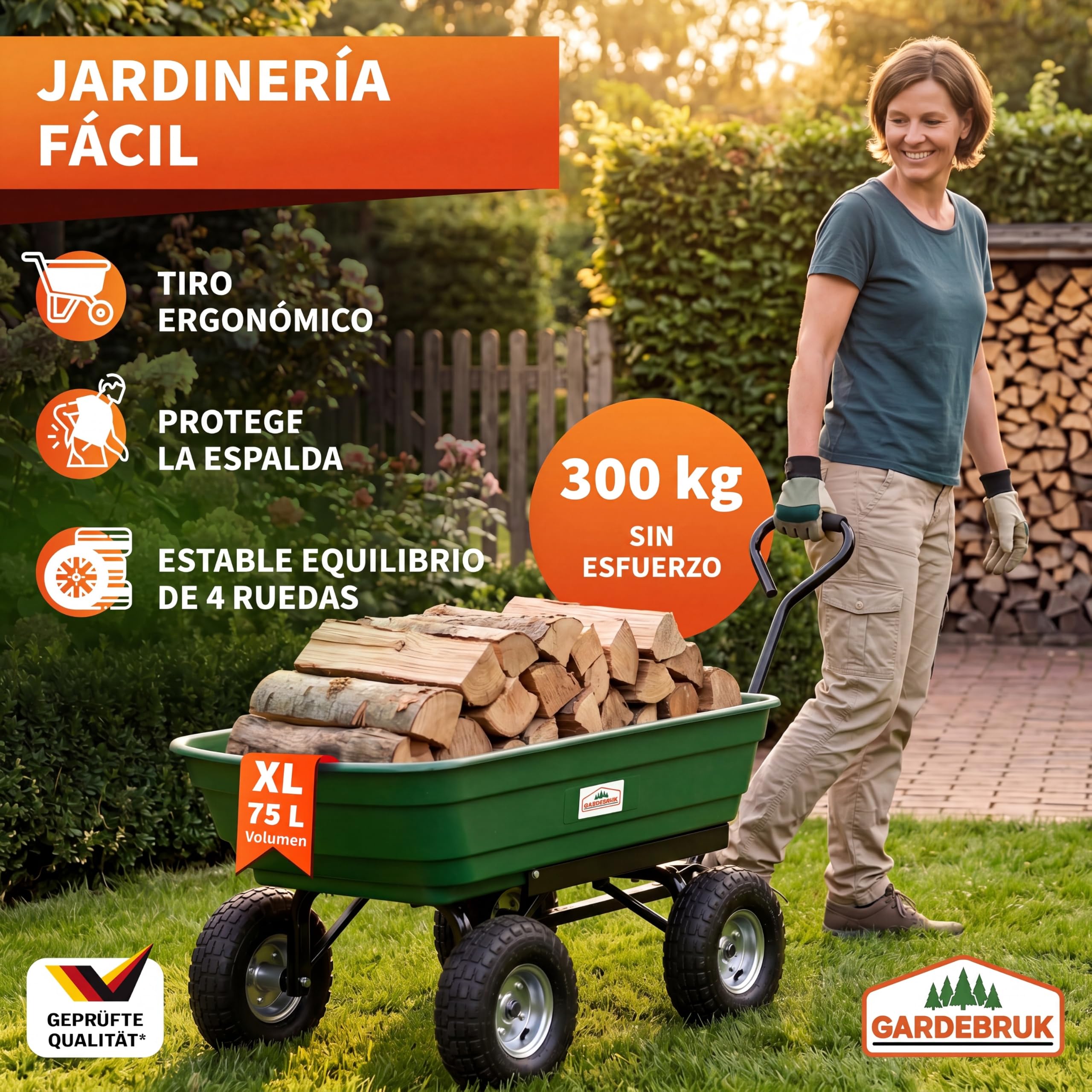 GARDEBRUK Carretilla de Jardín 75L | Basculante, Carga 300Kg, 4 Ruedas Neumáticas, Llantas Acero, Eje Dirección, Asa Acolchada, Marco Acero, Cubeta Plástico