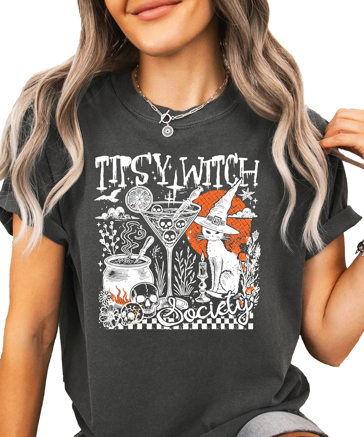 Tipsy Witch Society Halloween Shirt Witchy Black Cat & Cocktail Fall Graphic T-Shirt