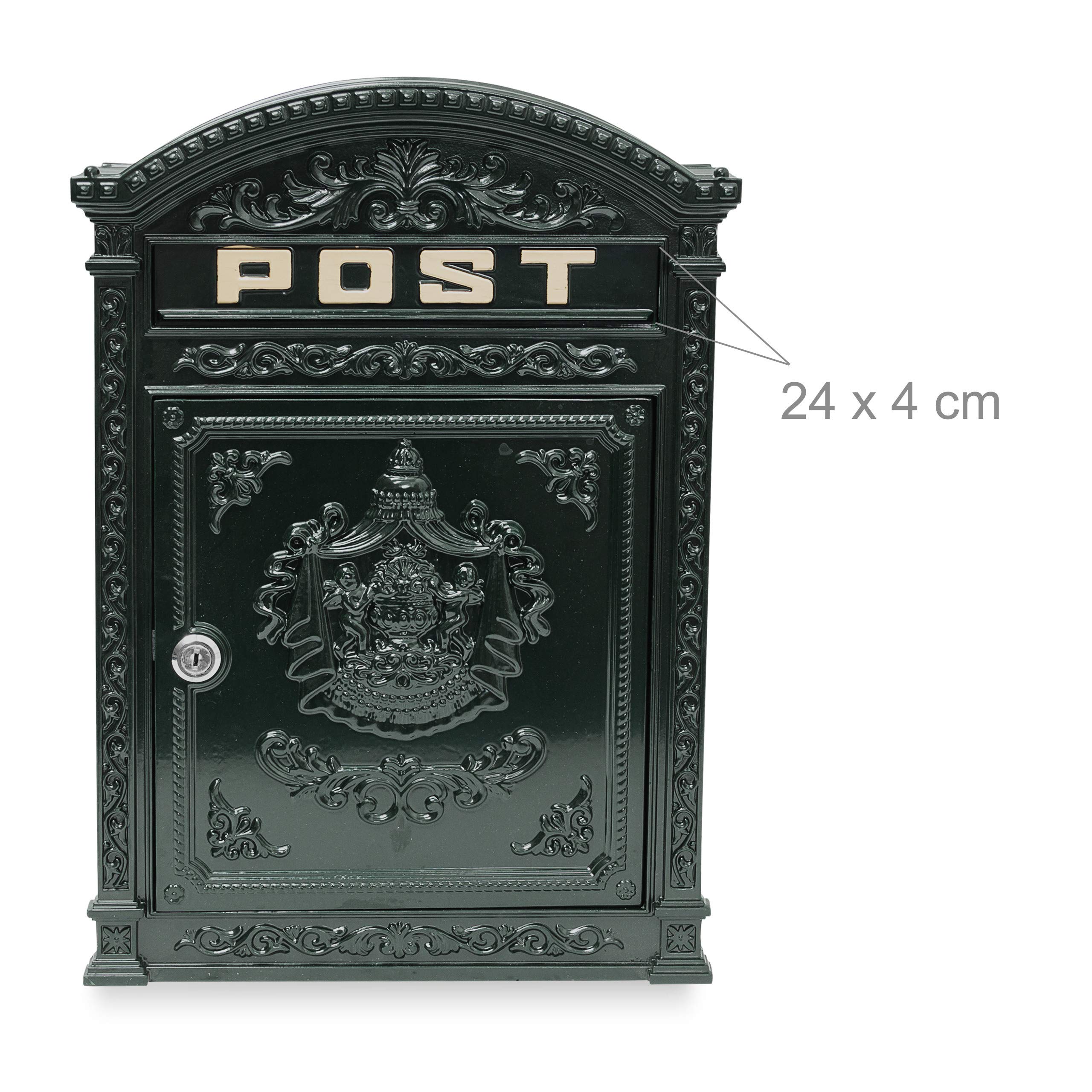 Relaxdays Cassetta delle Lettere, HLP: 44,5 x 31 x 9,5 cm, Design Antico con Scritta “POST”, Ampia Casella, Verde