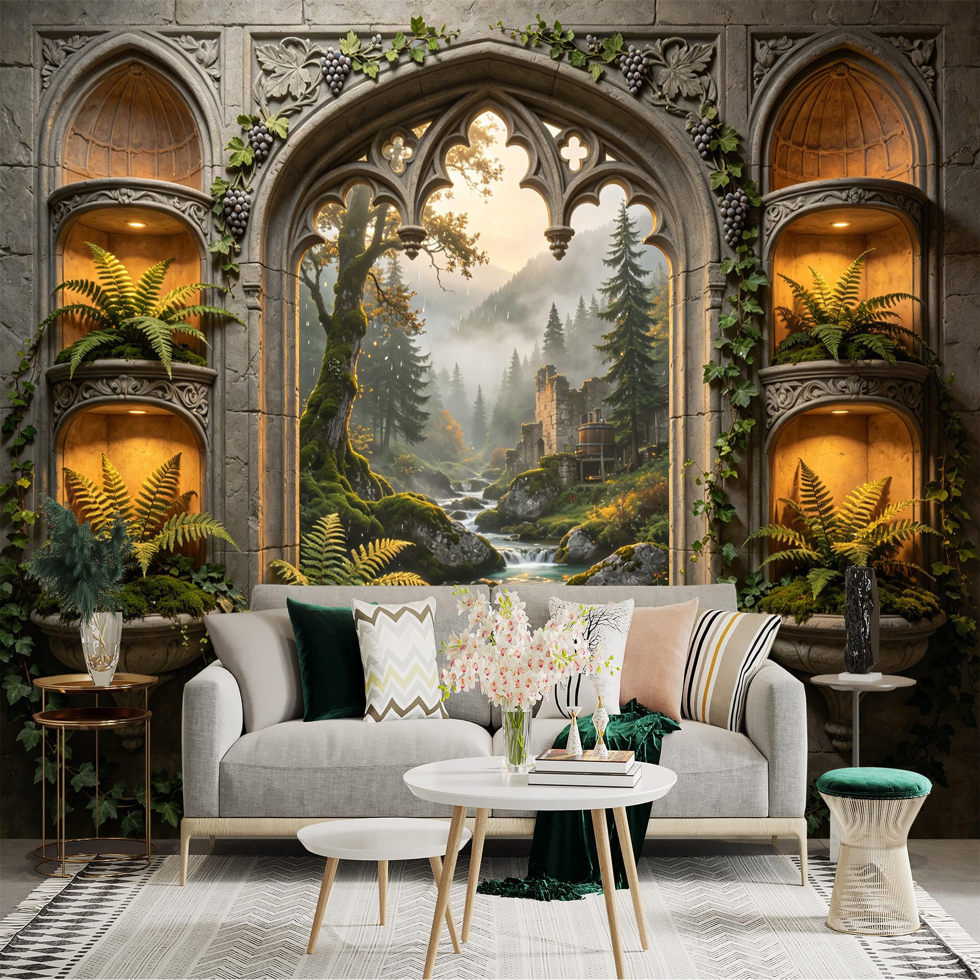 Custom Size Wall Sticker Mural， Medieval Stone Arch Window View with Waterfall Forest and Ancient Castle， for wall Decoration， peelandstick wall Decals.