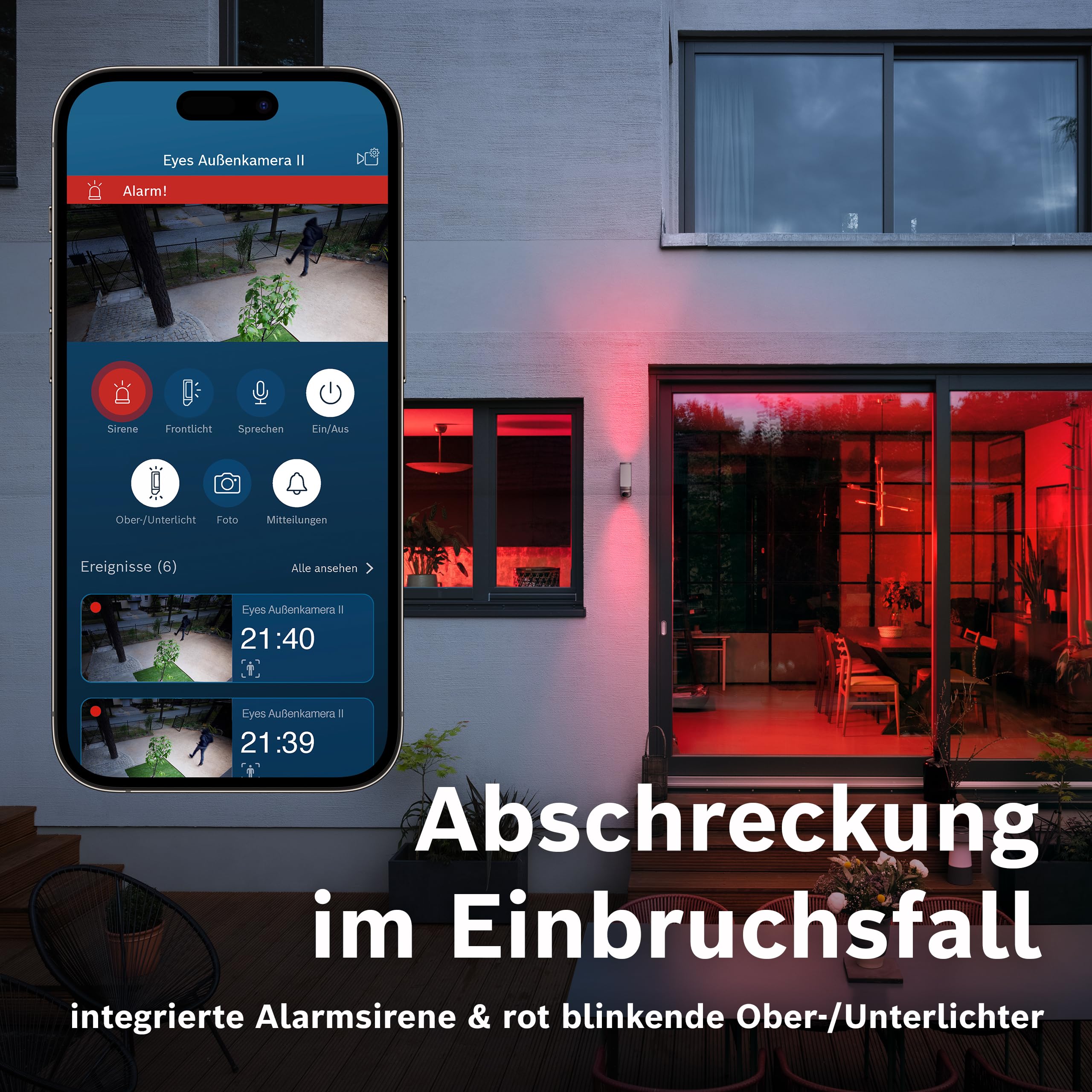 Bosch Smart Home Außenkamera II, Überwachungskamera Außen, 1080p Full-HD Auflösung mit integrierter Alarmsirene und Design-Leuchte, kompatibel mit Amazon Alexa, Silber