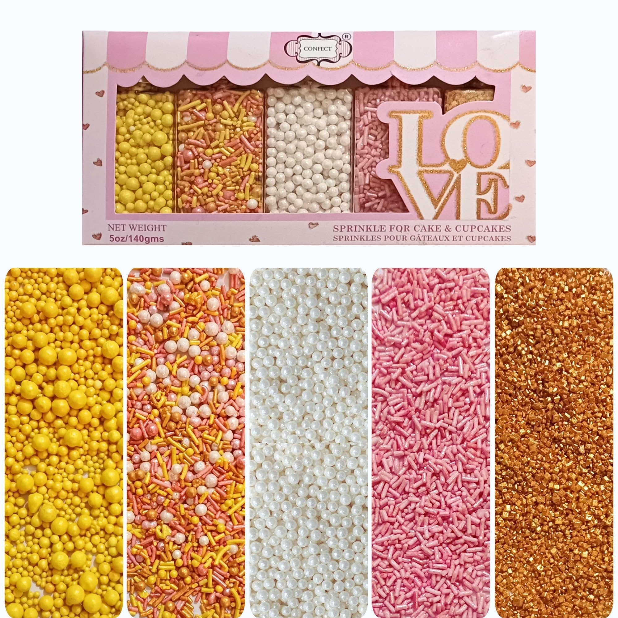 Confect Sprinkles – 5 Pack Assorted Cake Decorating Mix (Yellow & Pearl Dragees, Hot Pink Jimmies, Sparkling Gold Sugar) – Celebration Spring & Summer