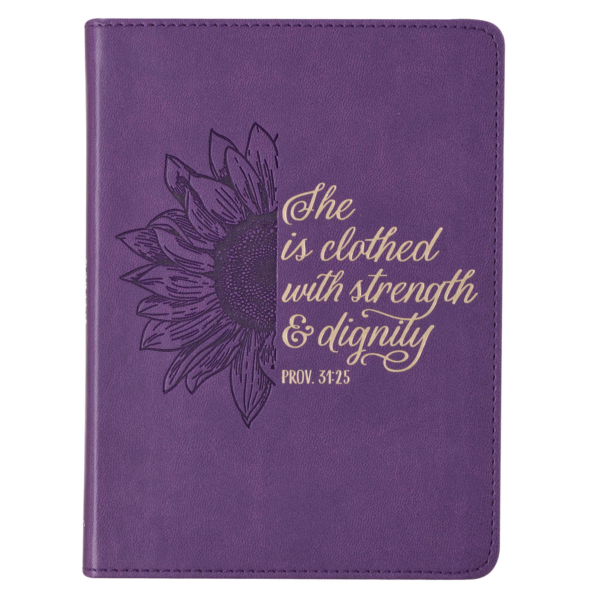 Christian Art Gifts Vegan Leather Small Journal Inspirational Scripture Women's Sunflower Notebook Strength & Dignity Bible Verse Proverbs 31:25, 240 Ruled Pages, Lavender Purple