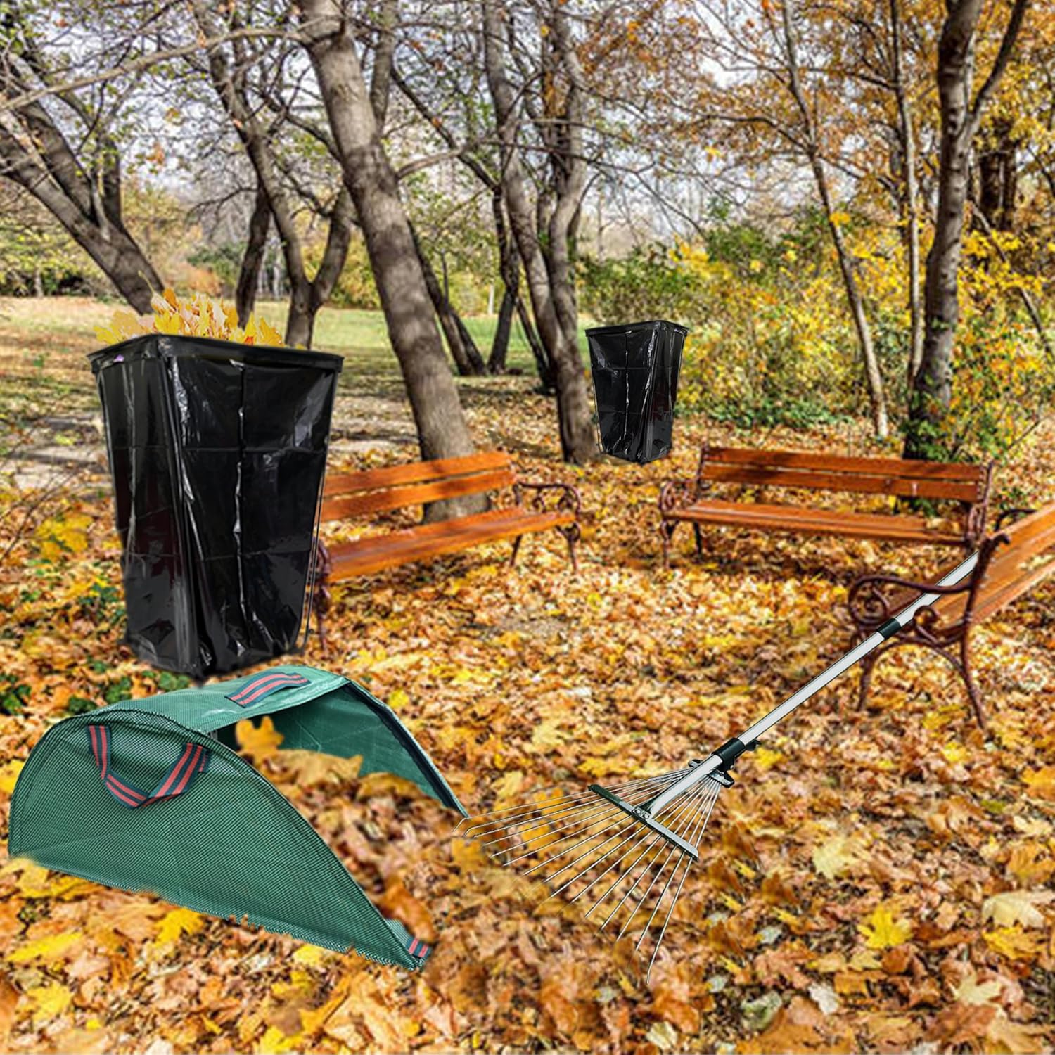 Trash Bag Holder Outdoor Leaf Bag Support Stand with 15 PCS 39 Gallon trash bags Leaf Collector | Metal Frame Holder for 30-45 Gallons Bags for Camping Leaves Gardening Parties