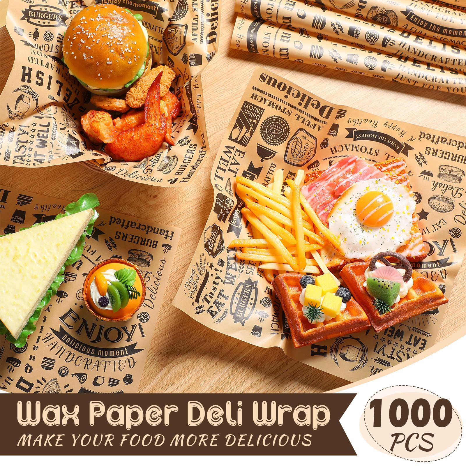 Hojas de papel encerado Deli de 12 x 12 pulgadas, resistentes a la grasa, papel de periódico, papel de regalo a prueba de agua y grasa, envoltorios cuadrados para perros calientes para hornear