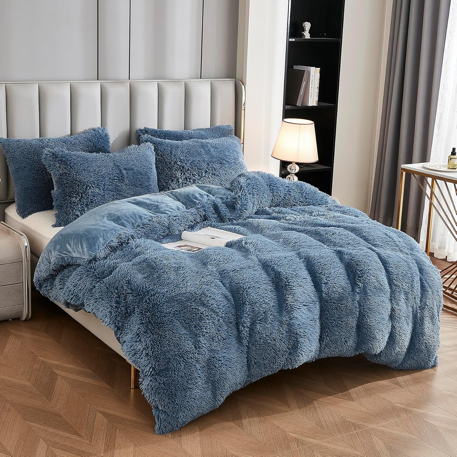 Uhamho Luxury Fluffy 1PC Solid Duvet Cover Faux Fur Plush Shaggy Quilt Cover Velvet Bedspread Zipper Closure, No Pillow Sham, No Comforter (Dusty Blue, Queen)