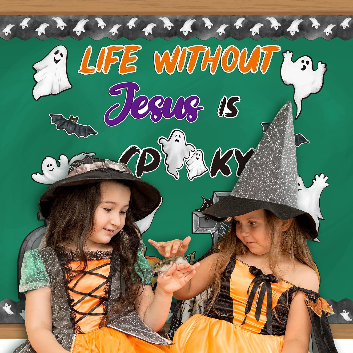 BeYumi Halloween Bulletin Board Set - 67Pcs Halloween Christian Bulletin Board Set Life without Jesus Is Spooky Cross Pumpkin Cutout Border Trim Religious Sunday School Classroom Chalkboard Wall Decor