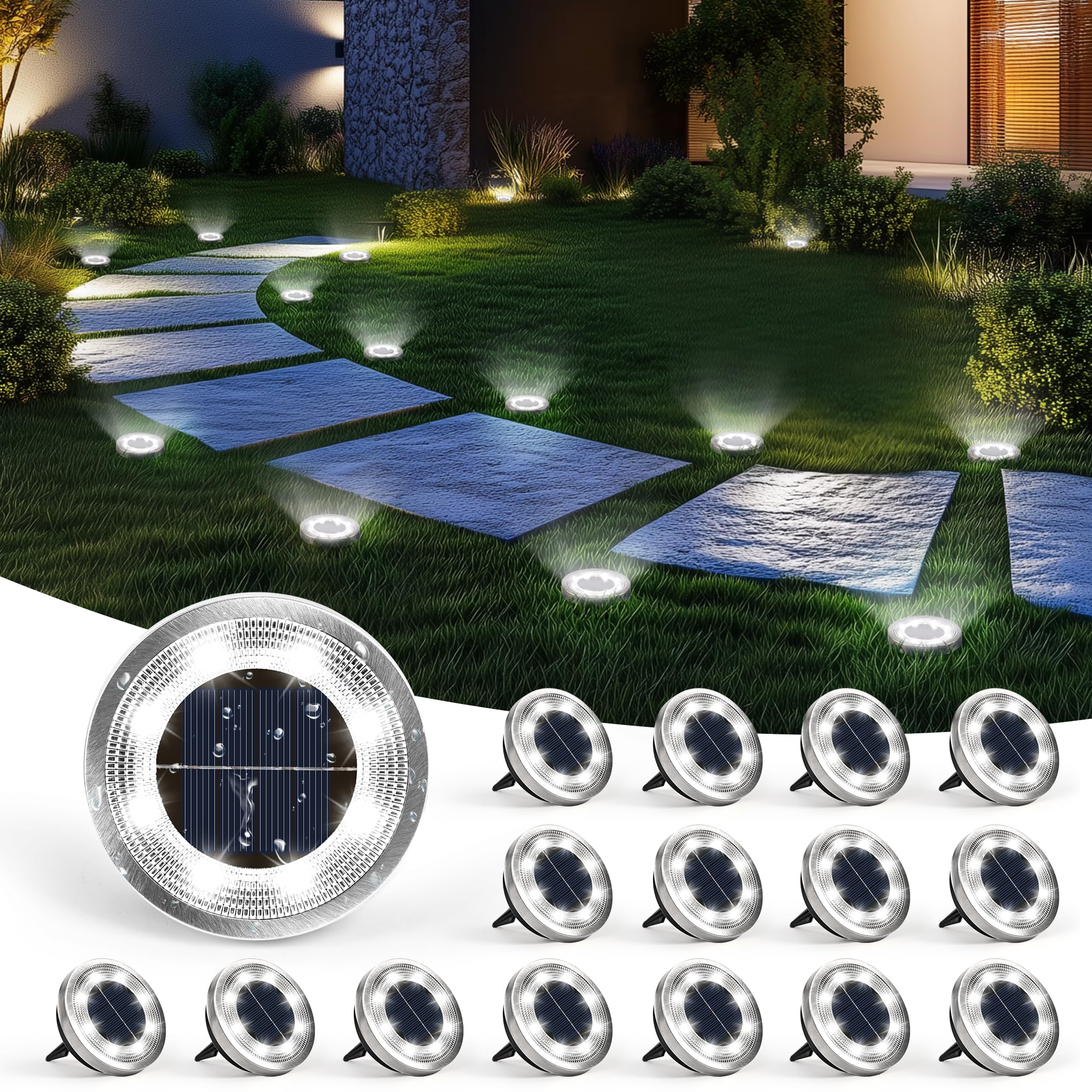 Solpex 16 Stück Solar Bodenleuchten Aussen, 8 LEDS Solarlampen für Außen Garten, Wasserdichte Solarleuchten Garten, LED Solar Solarleuchten für Aussen, Hof, Terrasse und Wege(Kaltweiß)