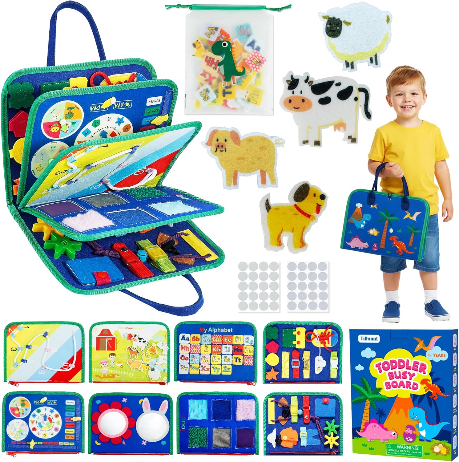 Tilhumt 8 in 1 Busy Book for Toddler 1-3, Montessori Boy Board with Storage Bag for Travel Quiet Learning Sensory Toys, Felt Busy Book for Baby Educational Gift Activities Fine Motor Skills