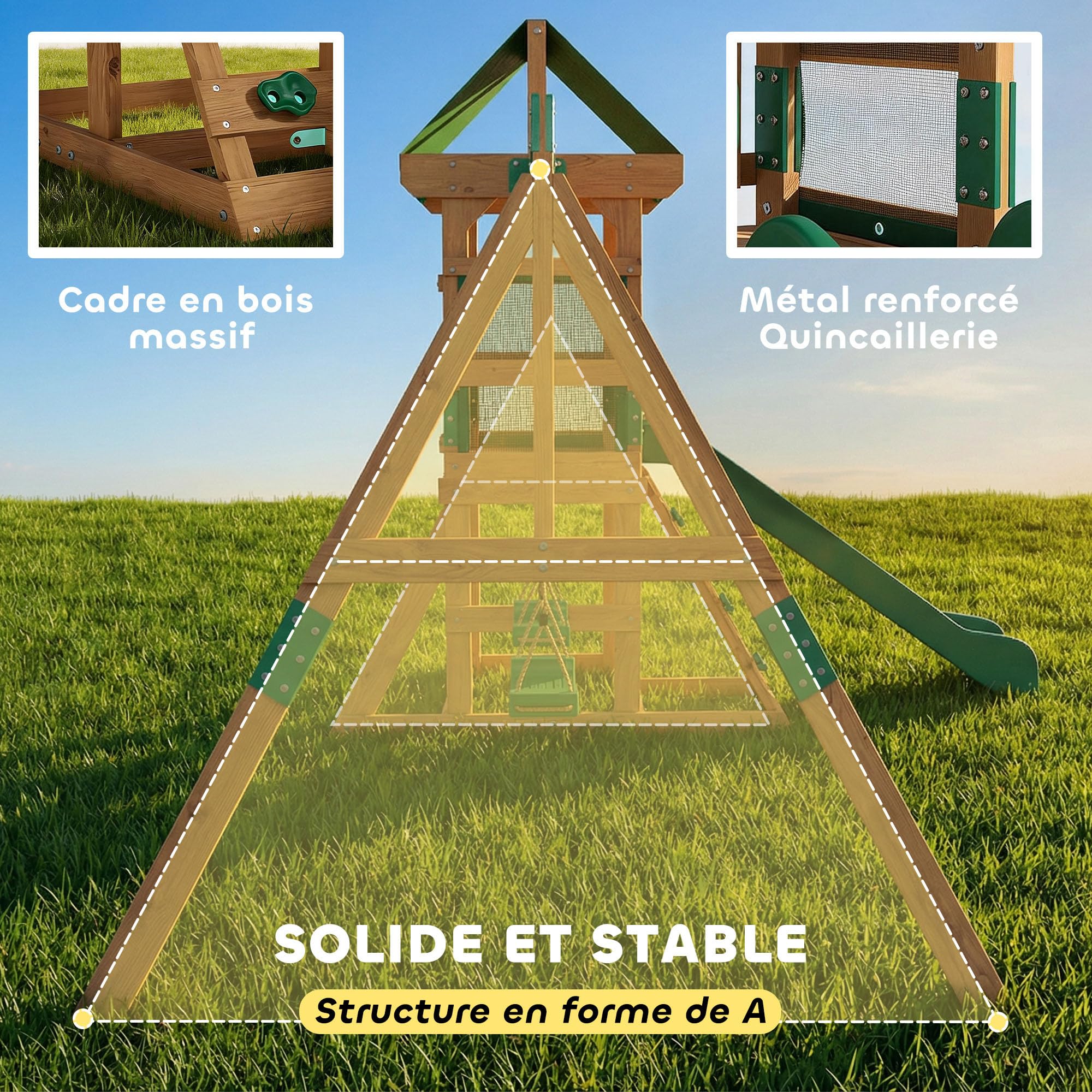 AIYAPLAY Aire de Jeux portique en Bois 2 balançoires Toboggan 3-8 Ans | Mur d'Escalade et Terrasse Couverte, Tour d'escalade pour enfants
