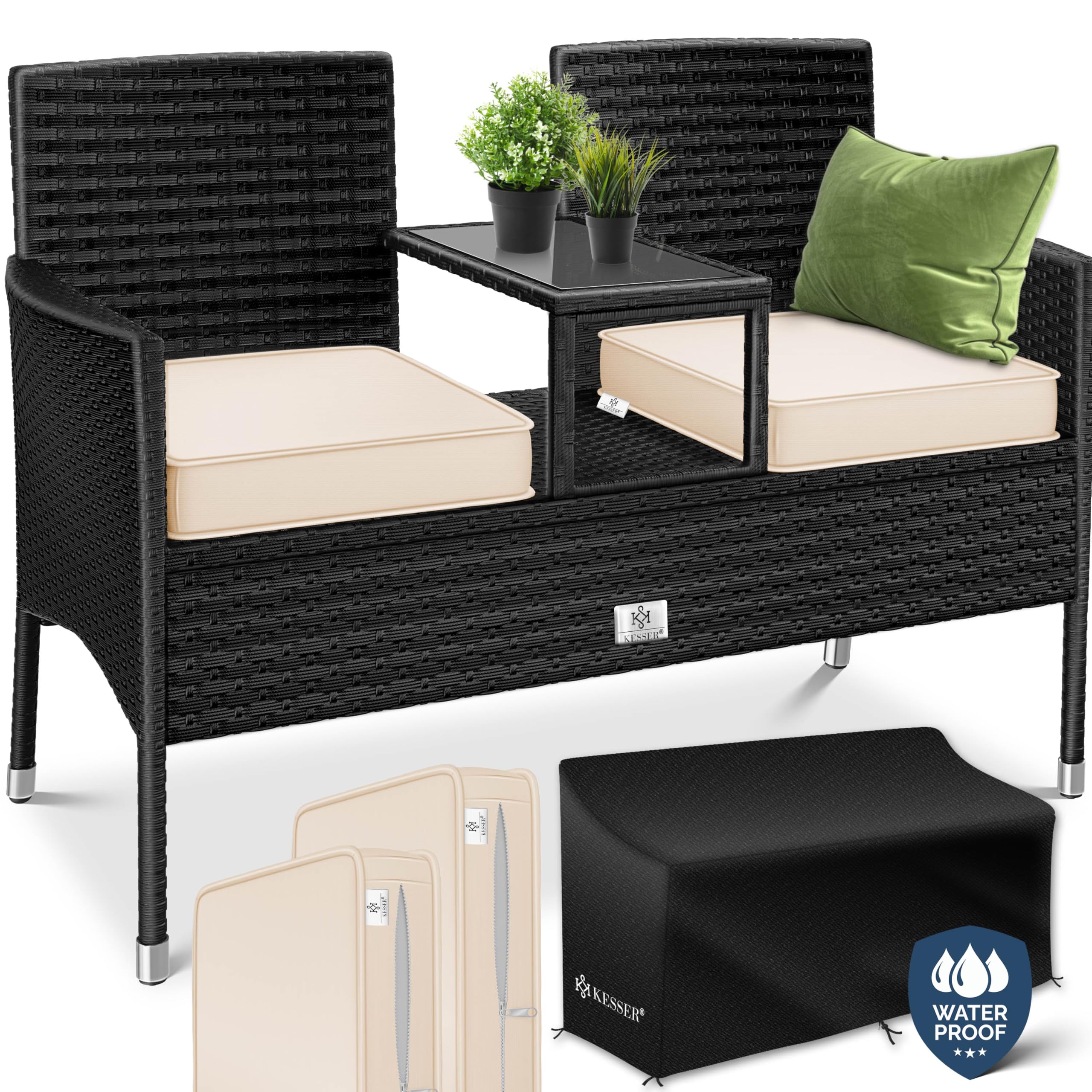 KESSER® Polyrattan Gartenbank mit Tisch, 2 Sitzer, 143x63x88cm Gartenbank wetterfest, Sitzbank Outdoor, Balkonbank mit Ablage, Gartenmöbel Rattan Bank für Garten & Balkon + Kissen & Cover, Schwarz