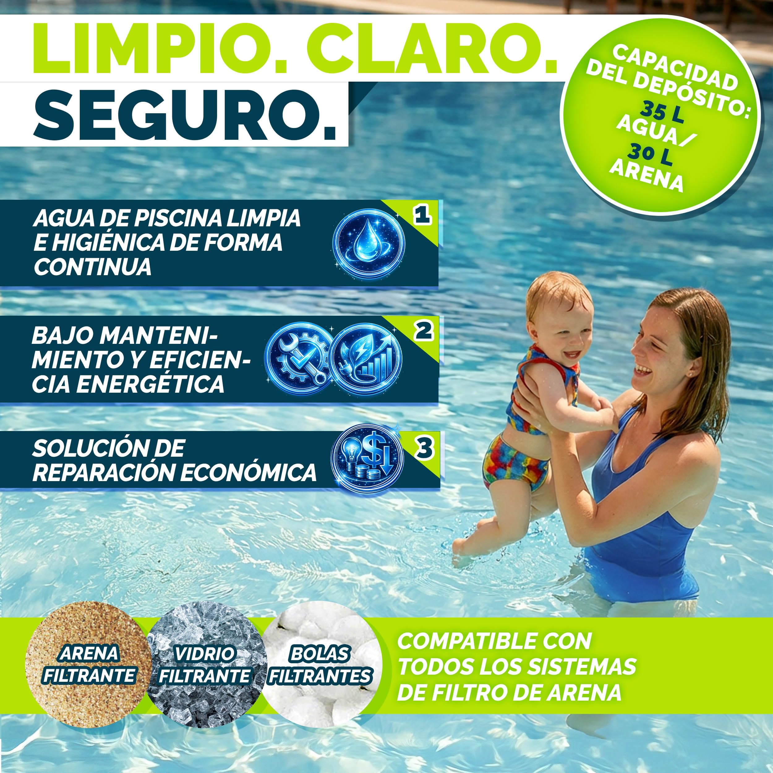 tillvex® Filtro de Arena para Piscina SIN Bomba + Bolas filtrantes hasta 50 m³ (50.000 litros) | Depósito Filtro Piscina Incl. Adaptador Ø32-38mm | Válvula 7 vías, manómetro & Tubo de aspiración