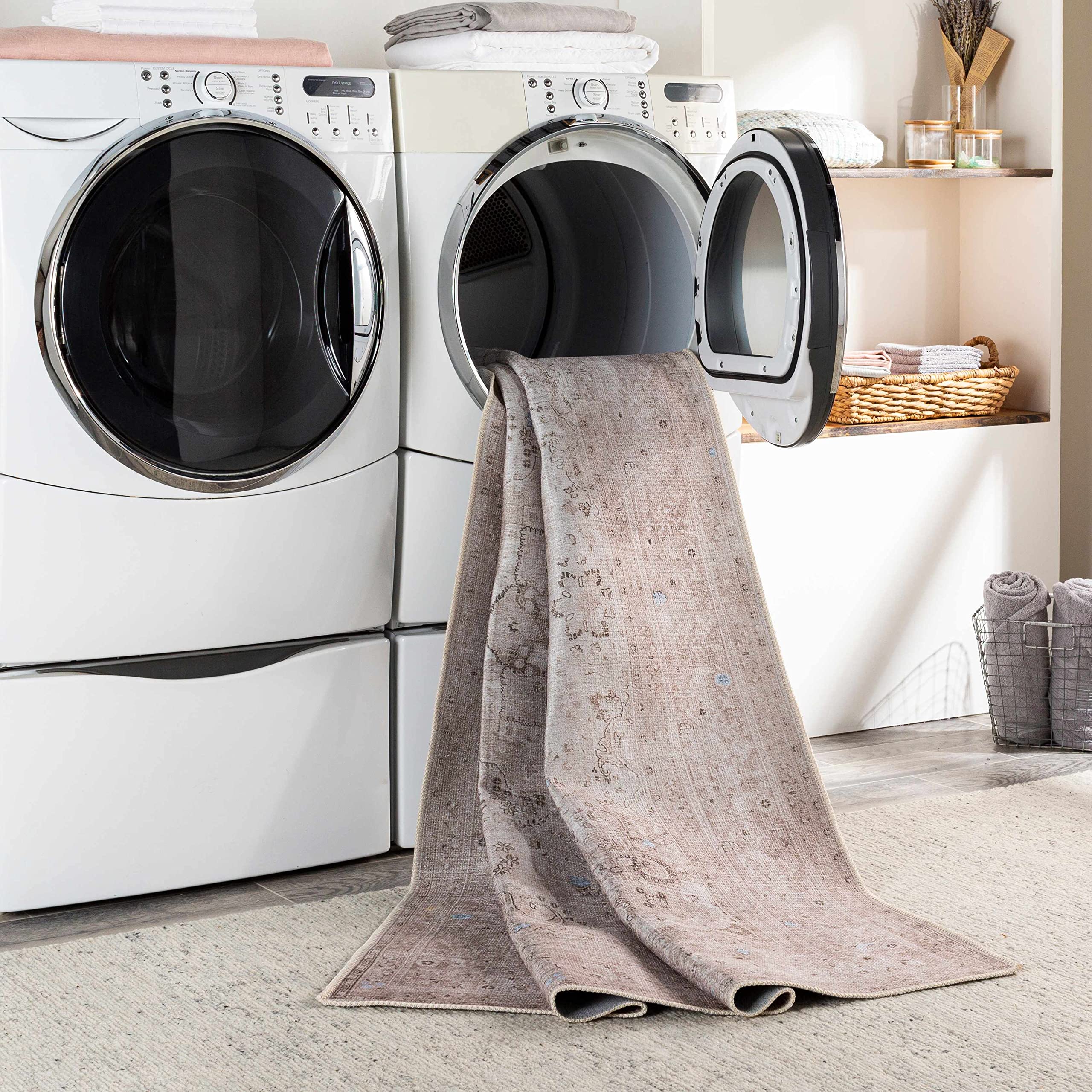 Bethany Traditional Medallion Hallway, Entryway Neutral Runner Rug - Machine Washable - Vintage Distressed Faded - Boho Bohemian Carpet - Beige, Light Pink, Green - 2'7