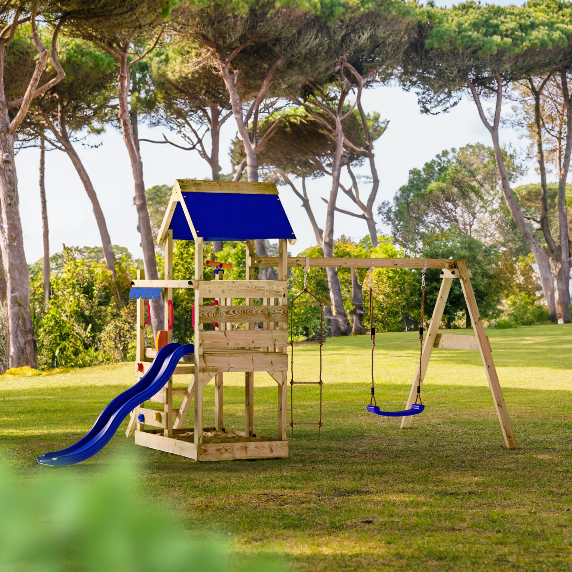 Gioco da giardino WICKEY TurboFlyer con altalena e scivolo blu, struttura da esterno per bambini con sabbiera, scaletta e accessori da gioco