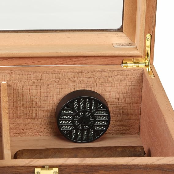 Desktop Humidor, Capri Elegant, Tempered Glasstop, Spanish Cedar Divider, Brass Ring Glass Hygrometer, Holds 25 to 50 Cigars